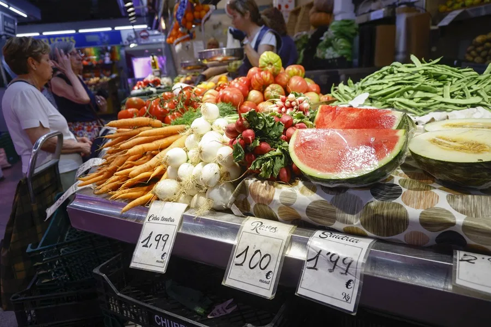 Precios de frutas y verduras en un mercado.