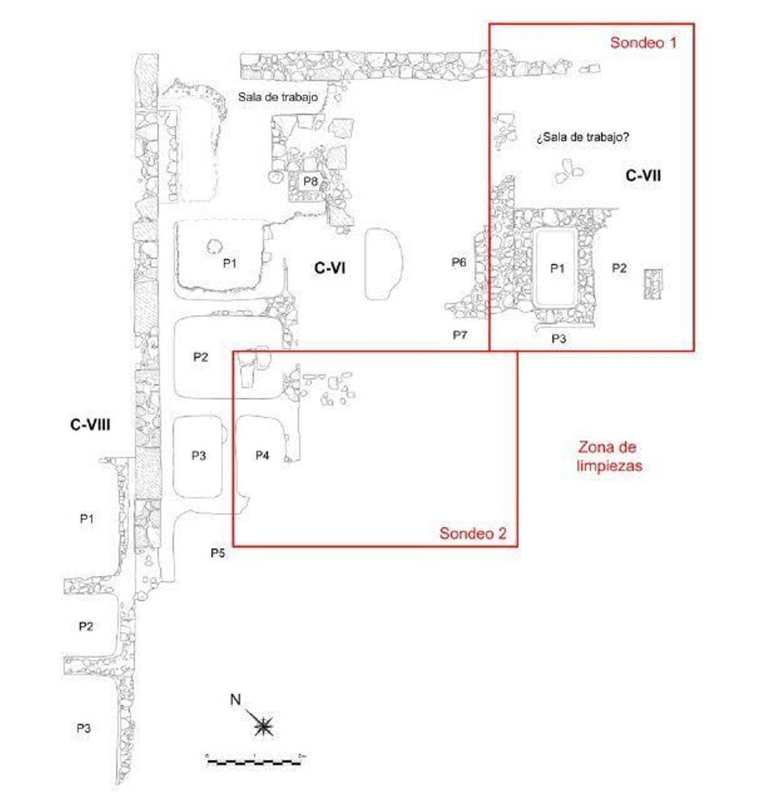 Planta de los talleres salazoneros del Jardín Romántico previamente a la campaña de excavaciones de 2022.