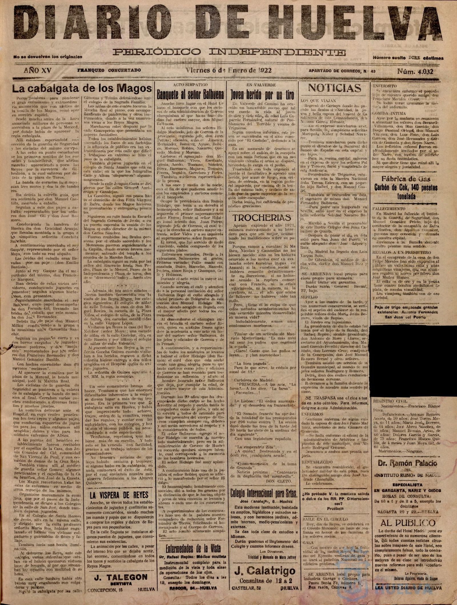 Crónica publicada por el Diario de Huelva en su primera plana.