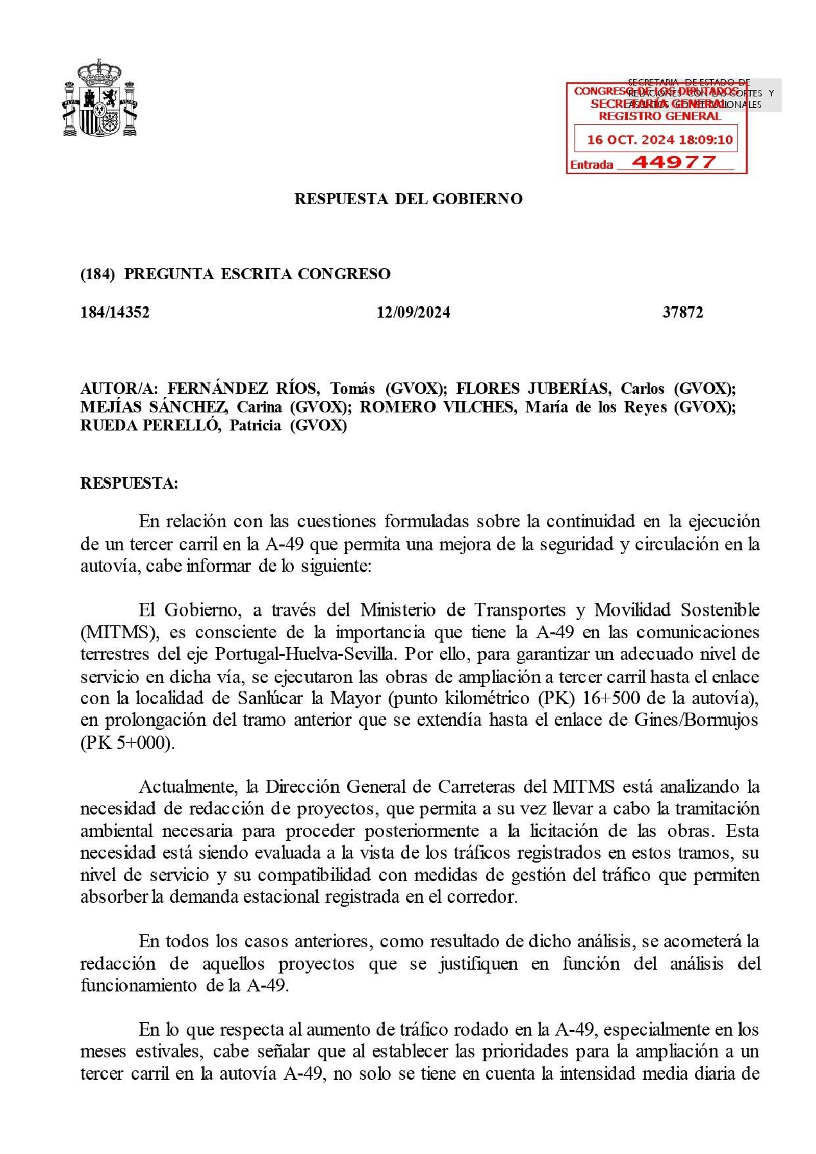 Respuesta del Gobierno a VOX sobre el tercer carril A-49.