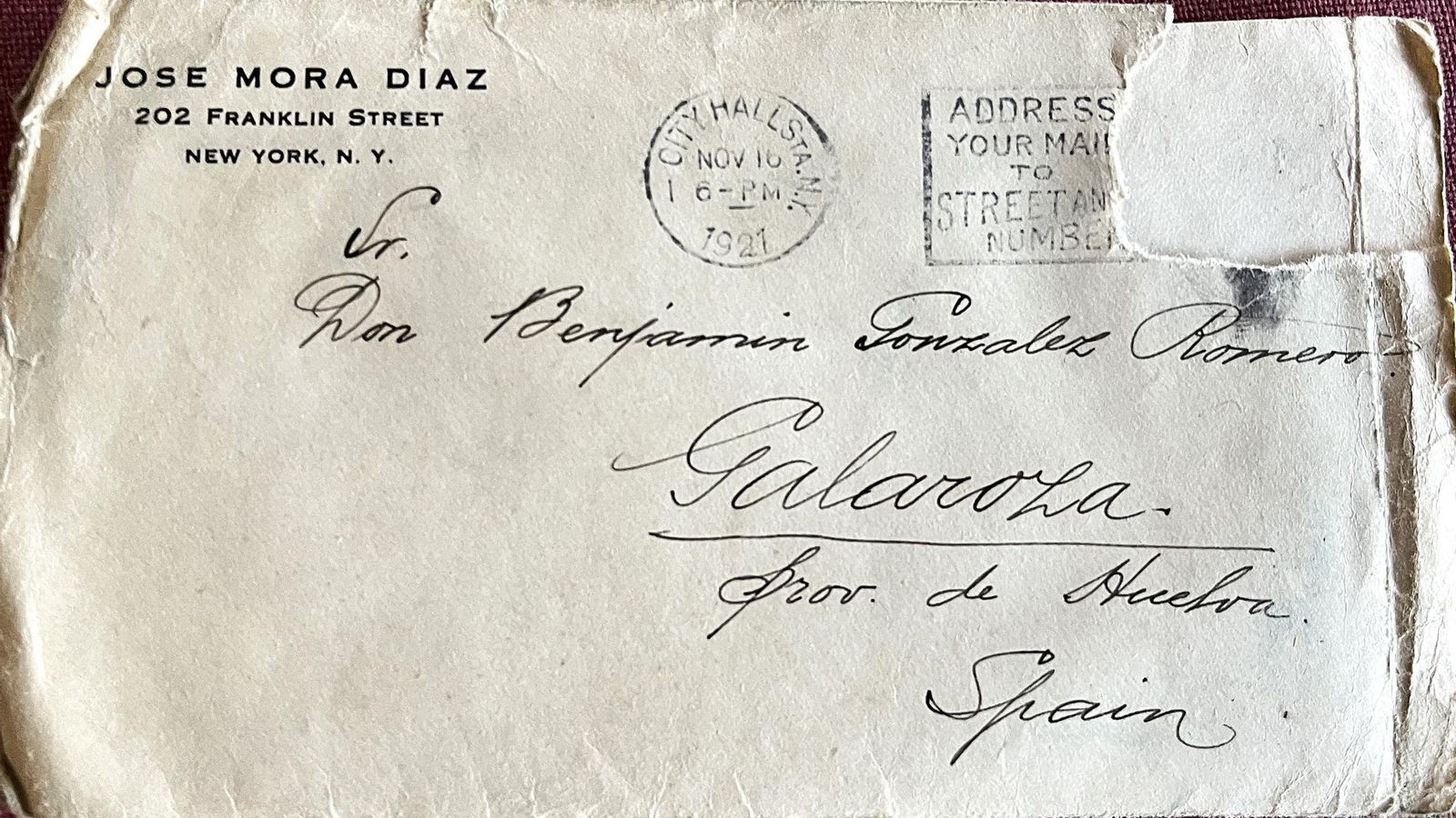 Carta enviada a Galaroza desde Nueva York en 1921.