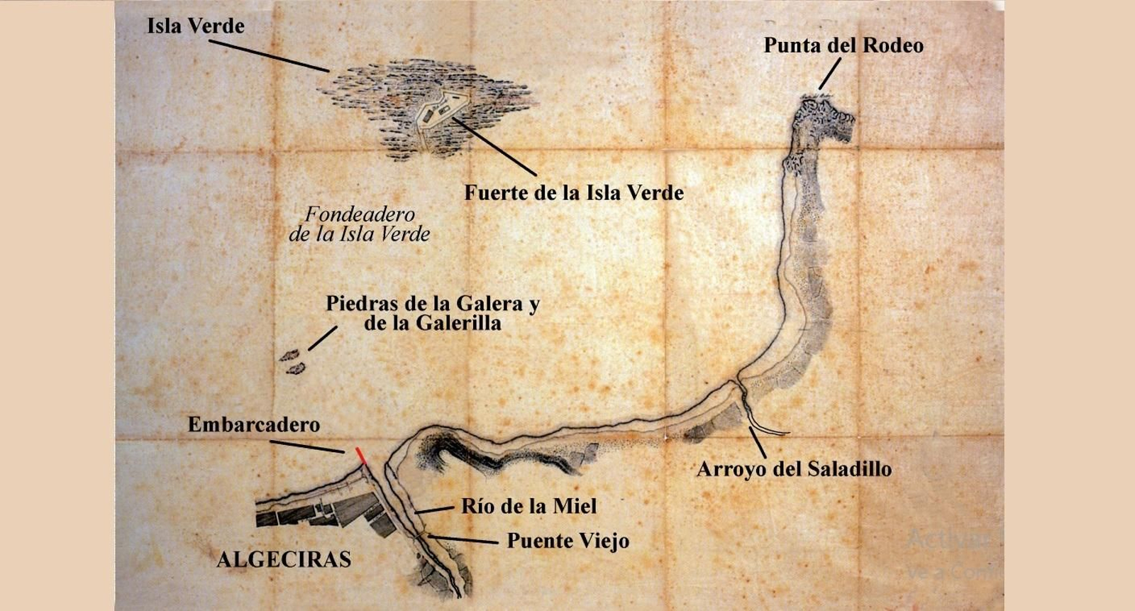 La zona portuaria de la nueva Algeciras hacia 1760 con el probable embarcadero.