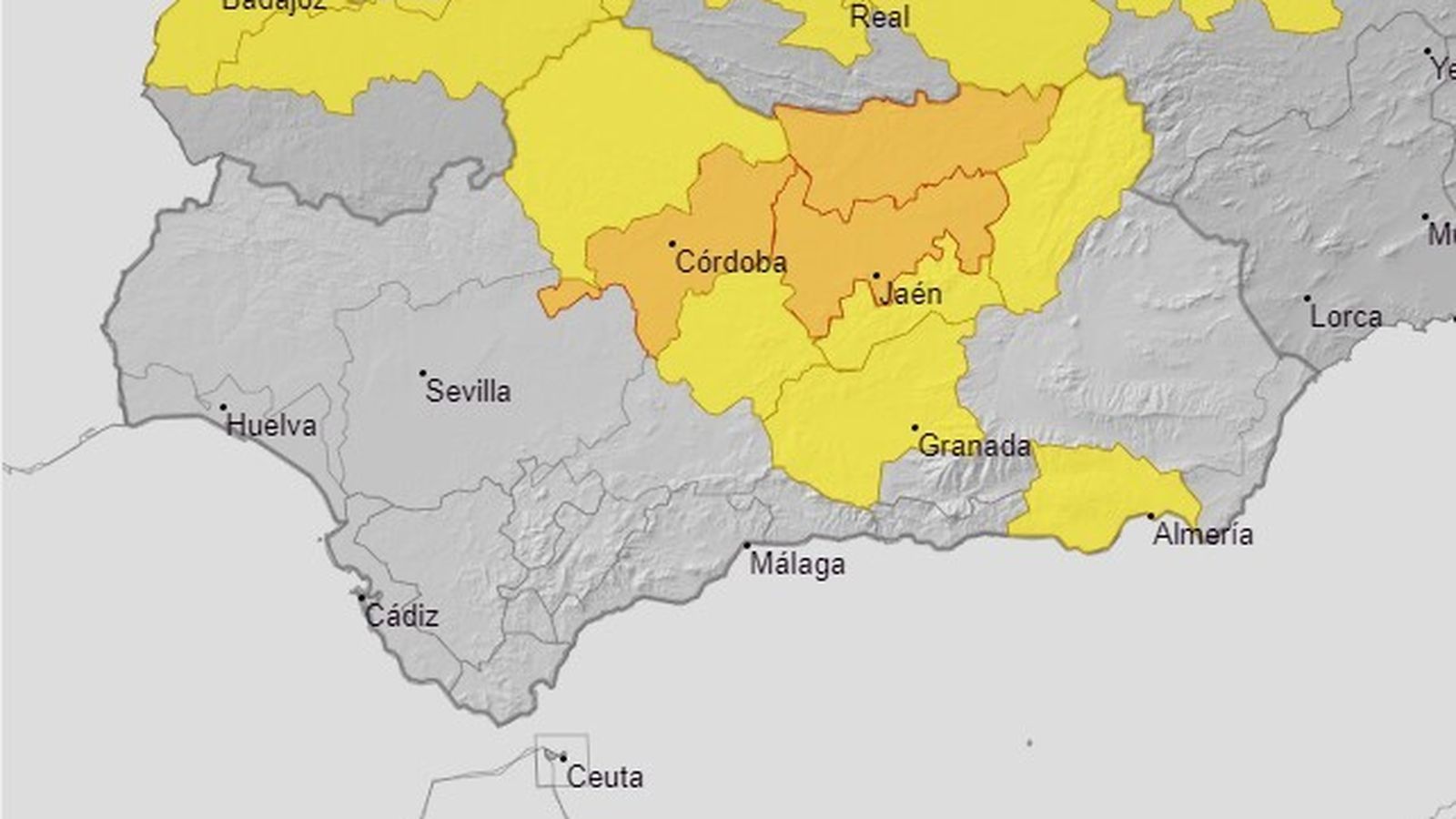 Mapa de alertas de este jueves en Andalucía.