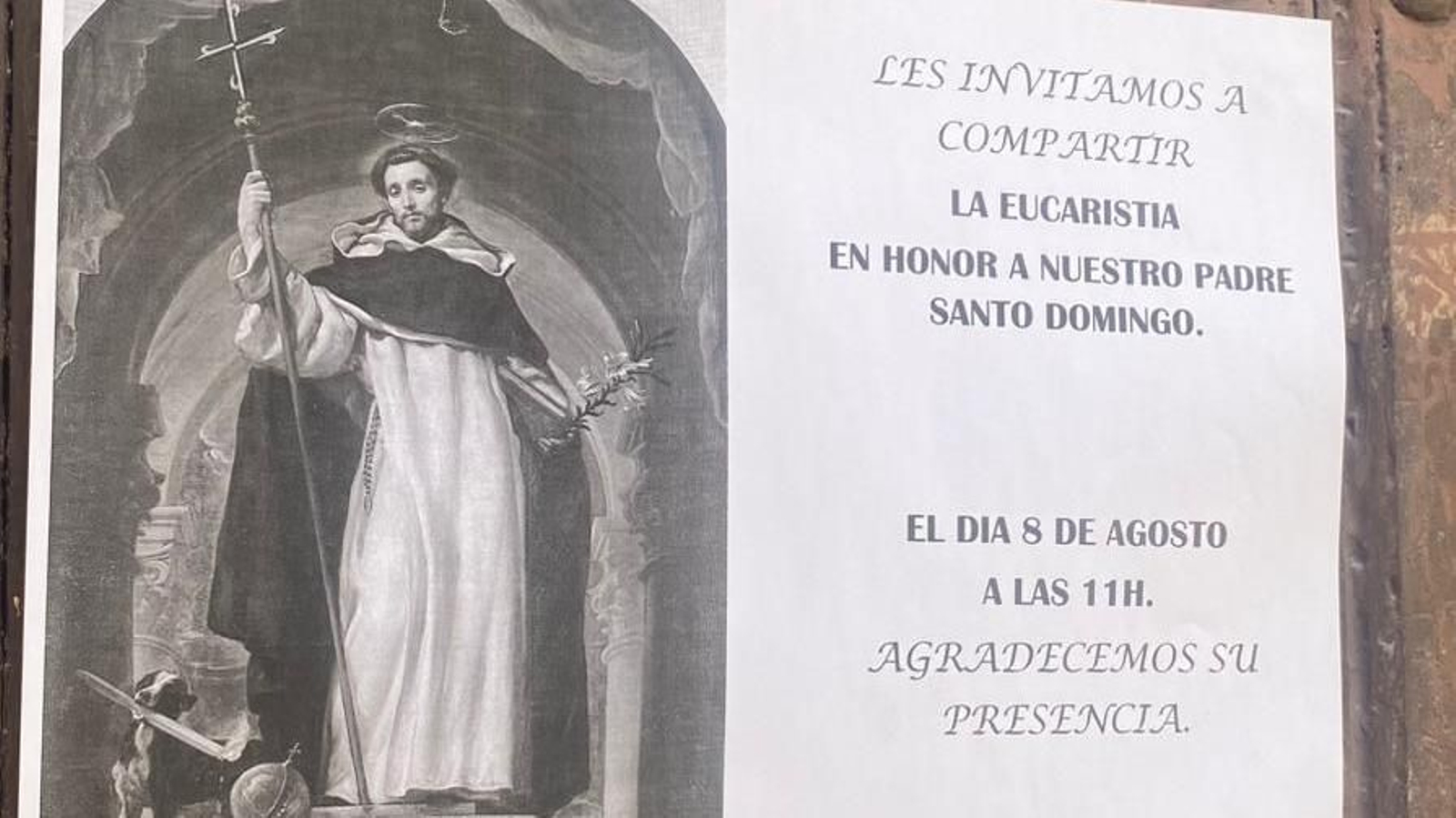 Cartel de las monjas en la puerta del convento invitando a la misa