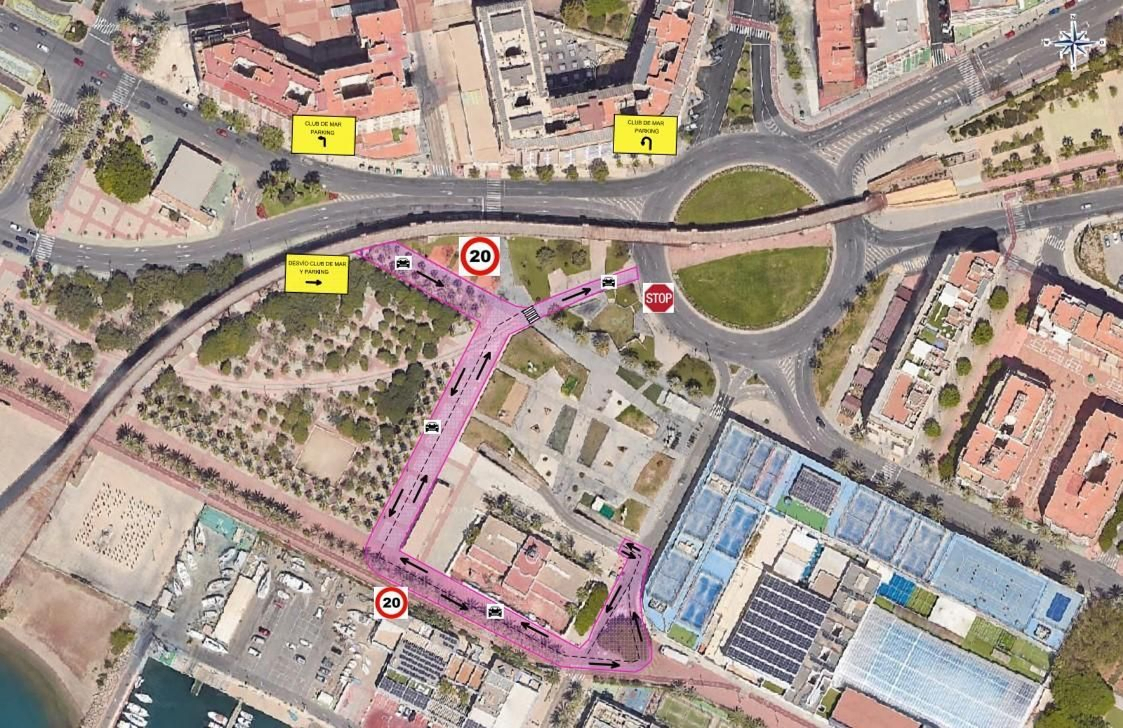 Los cambios de circulación con la vía de acceso alternativa que atraviesa el parque de Las Almadrabillas. Los cambios de circulación con la vía de acceso alternativa que atraviesa el parque de Las Almadrabillas.