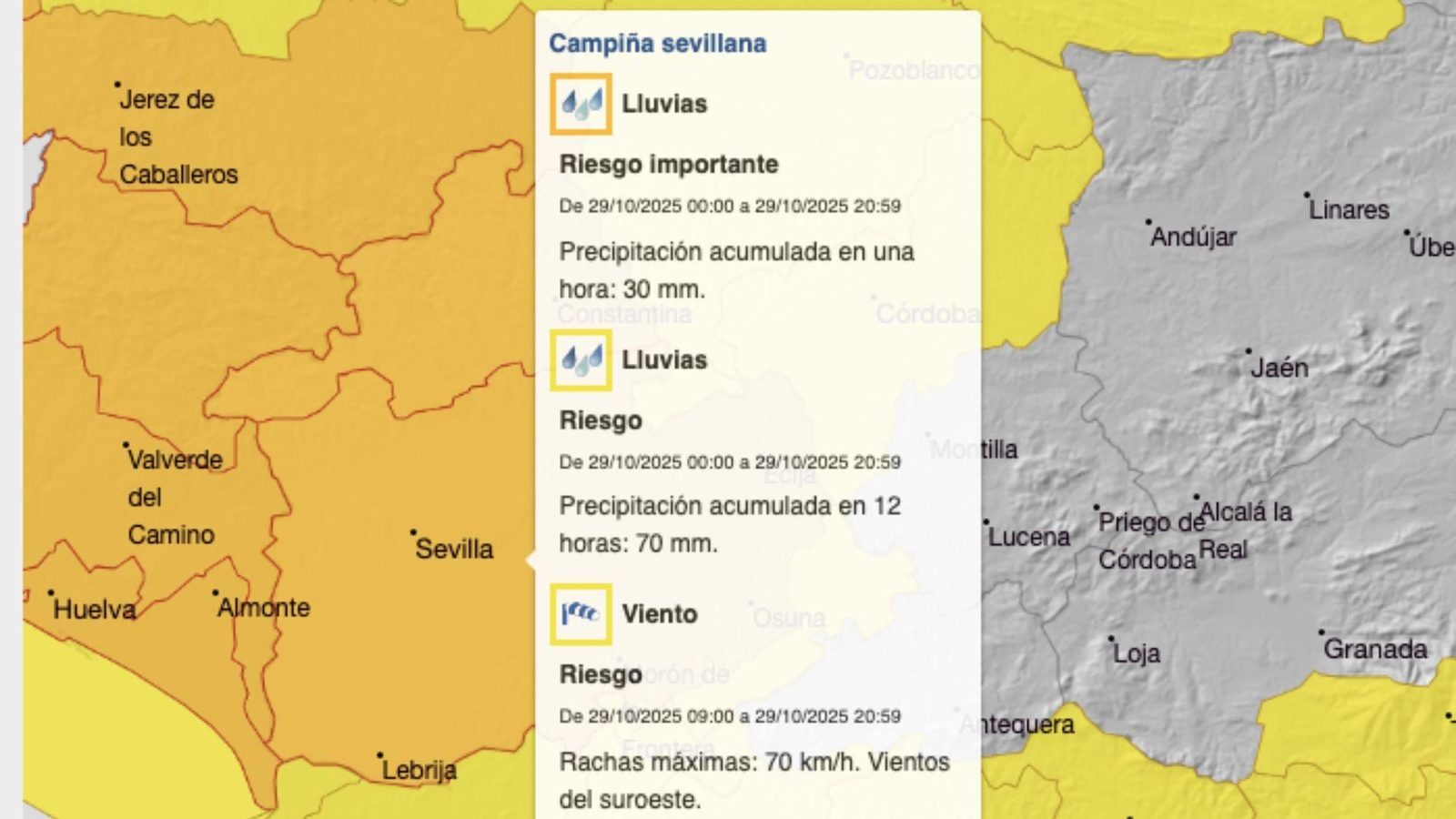 Aviso naraja "por lluvias y tormentas" en Sevilla, para este miércoles 29 de octubre Aviso naraja "por lluvias y tormentas" en Sevilla, para este miércoles 29 de octubre