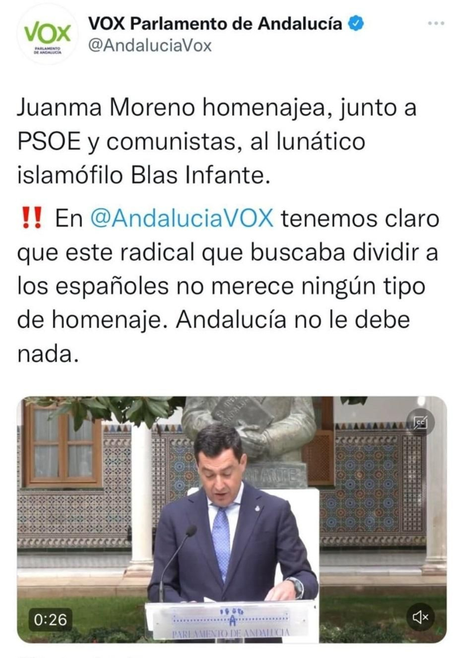 Tuit de Vox sobre el homenaje a Blas Infante, posteriormente borrado