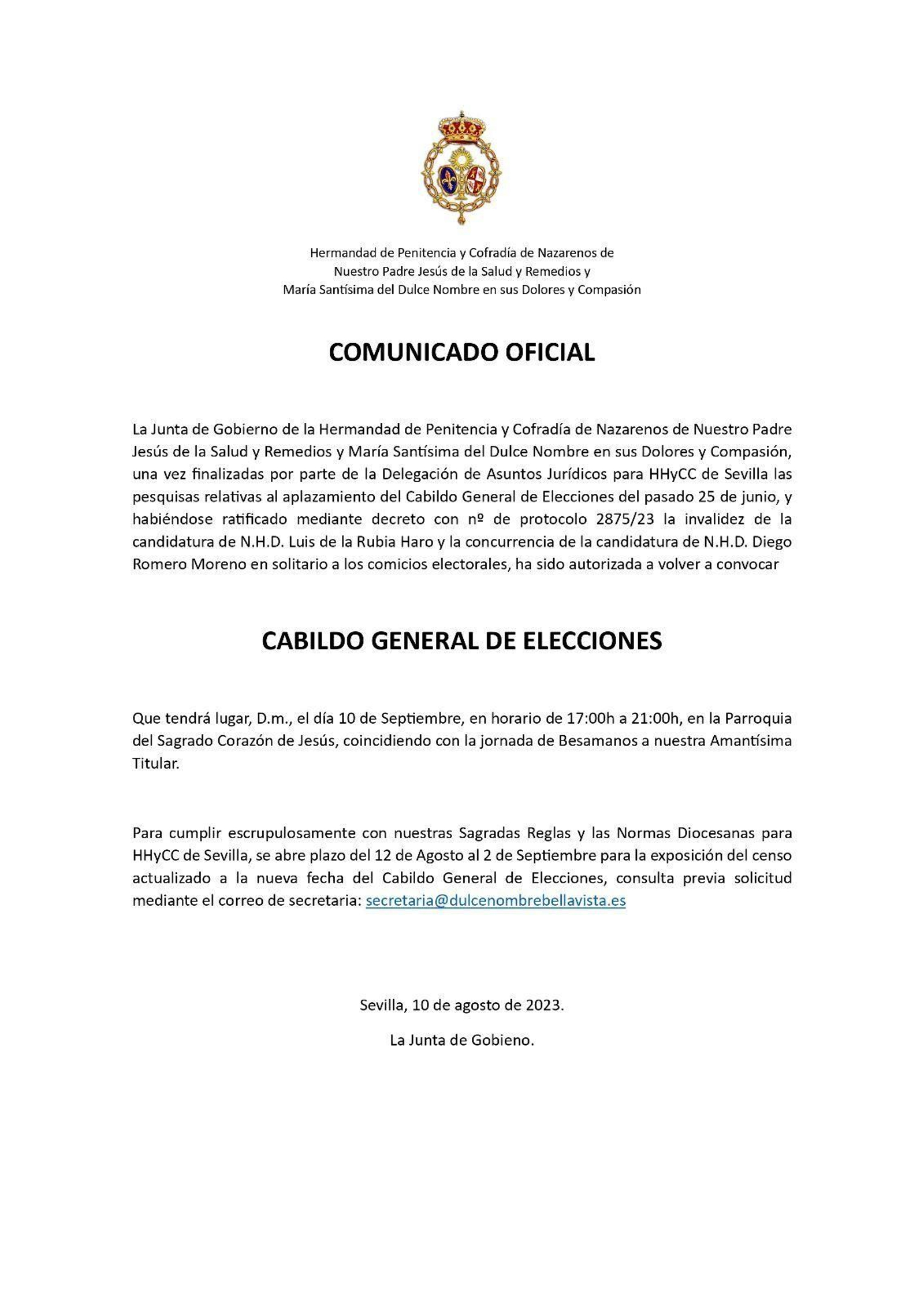 Comunicado de la Hermandad del Dulce Nombre