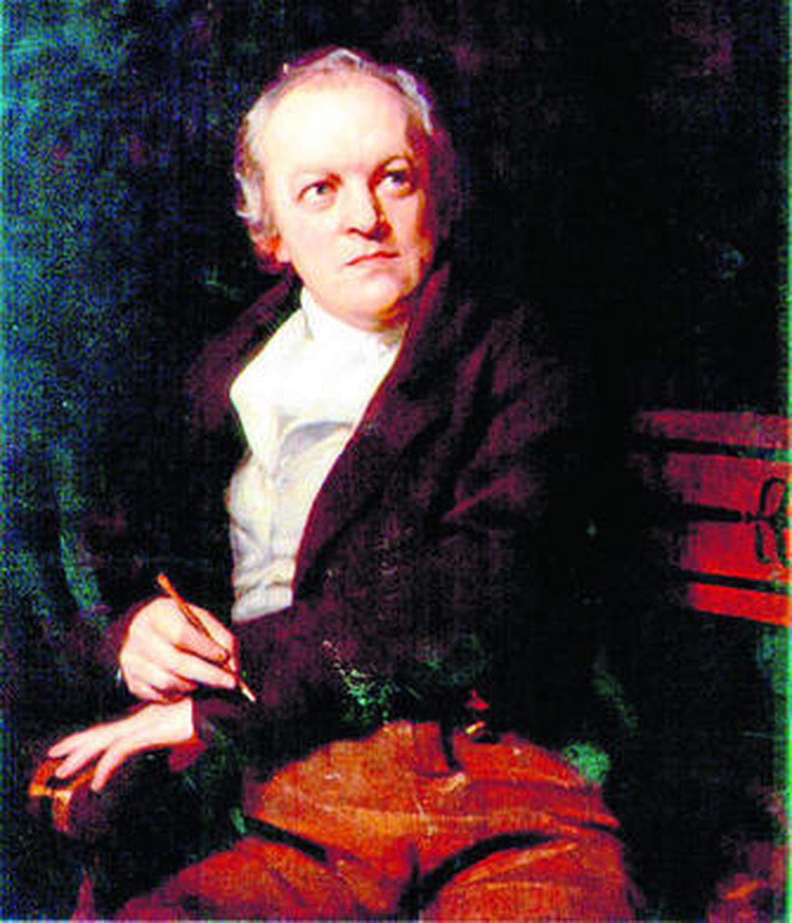 Arriba, el poeta, pintor y grabador William Blake (1757-1827) retratado por Thomas Phillips en 1807 (National Portrait Gallery, Londres). A la derecha, plancha de Blake para 'El matrimonio de Cielo e Infierno' (1790): "Ahora la furtiva serpiente se arrastra / con suave humildad,  / y el justo brama en su tierra agreste / donde vagan leones".