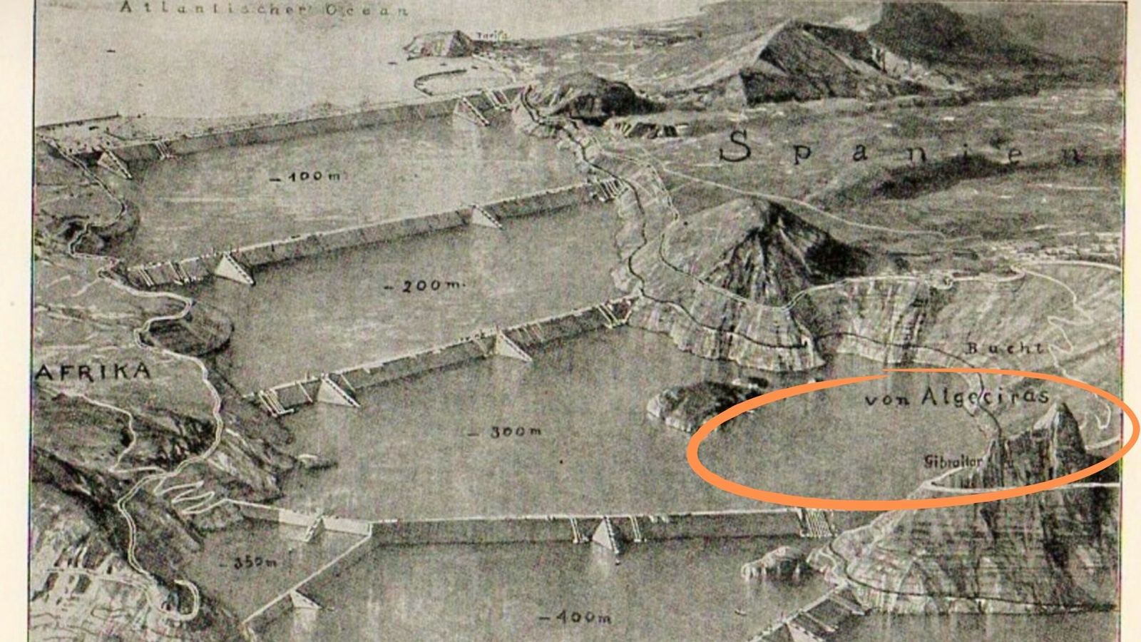 Grabado del complejo sistema de esclusas ideado por Sörgel para permitir la navegación en un Mediterráneo parcialmente vaciado, con la mayor y más ambiciosa de ellas proyectada en el estrecho de Gibraltar.