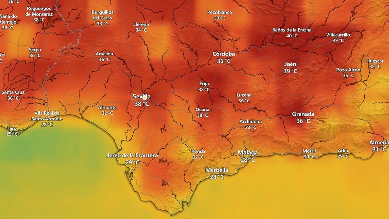Mapa térmico de Andalucía este miércoles 16 de julio. Mapa térmico de Andalucía este miércoles 16 de julio.