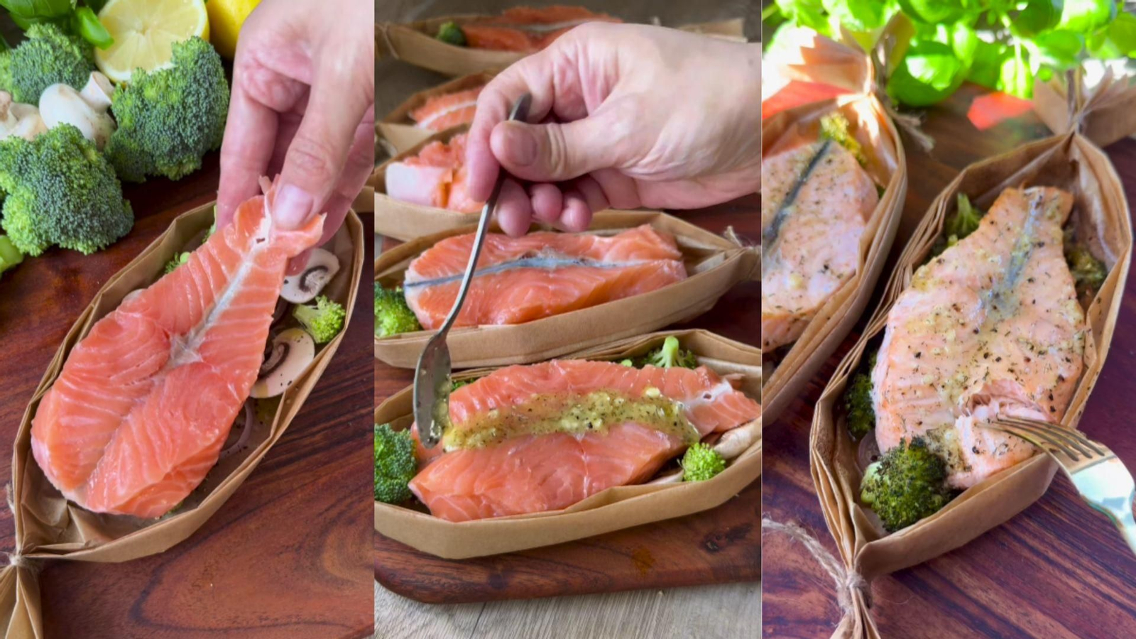 El papel de horno y la salsa son las claves de esta original forma de preparar el salmón.