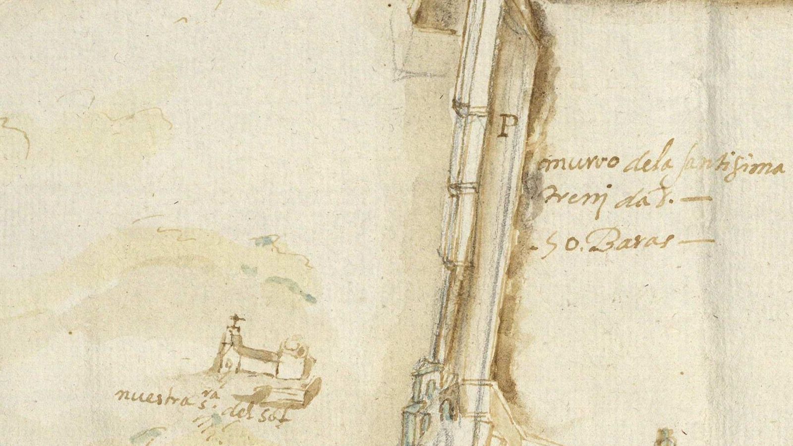 Detalle de un plano de 1611 que  muestra el convento de la Santísima Trinidad, intramuros; y la ermita del Sol y la de San Sebastián, extramuros.