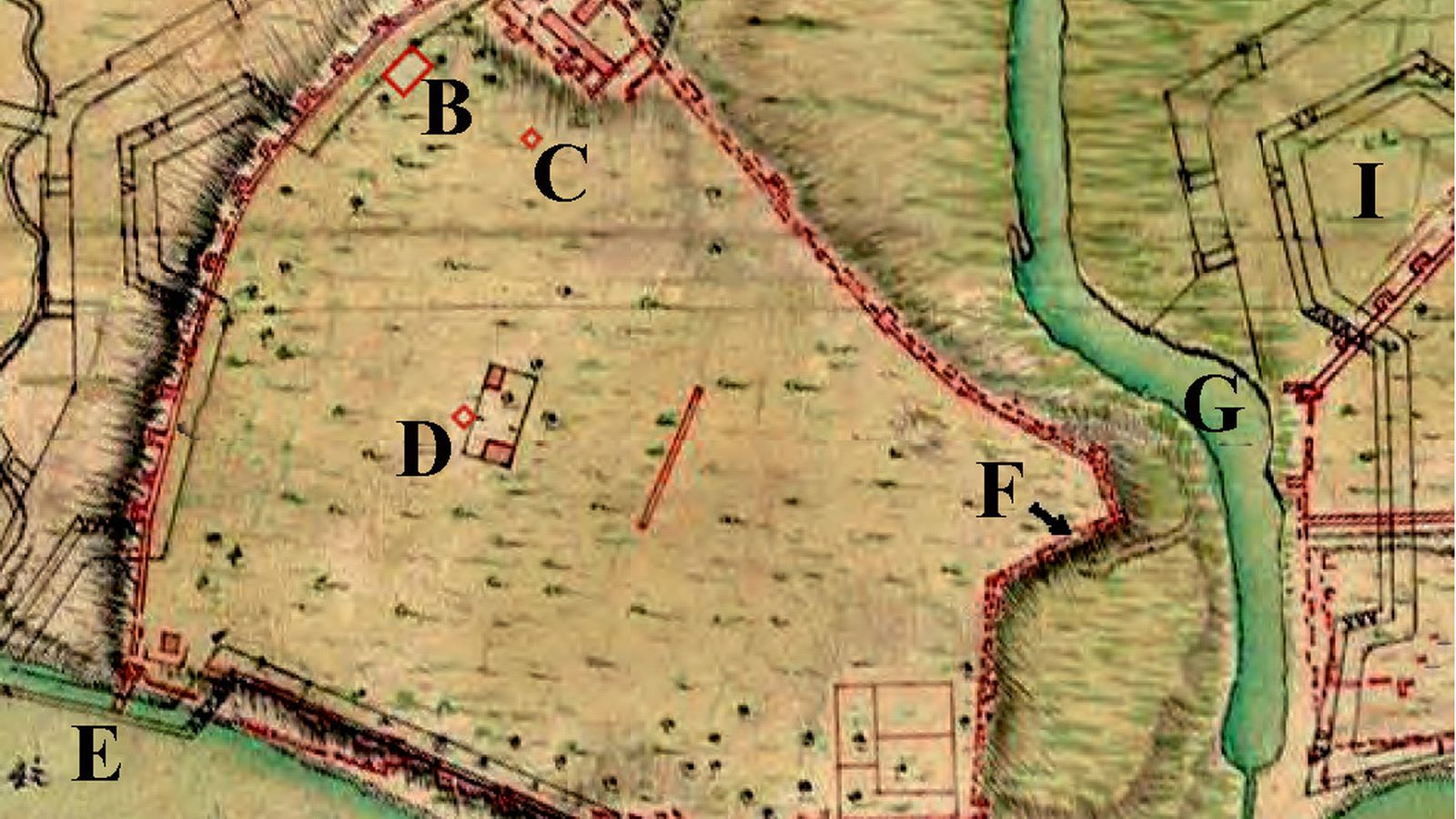 Nº Vestigios de la ciudad meriní reproducidos en uno de los planos levantados por Jorge Próspero de Verboom en 1730. A: alcázar; B: baños; C: pozo de noria de los baños; D: pozo de noria (conservado en los jardines del Hotel Reina Cristina); E: coracha marítima; F: puerta (en el Patio del Coral); G: río de la Miel; H: puente arruinado; I: la ciudad de al-Yazira al-Jadrá.