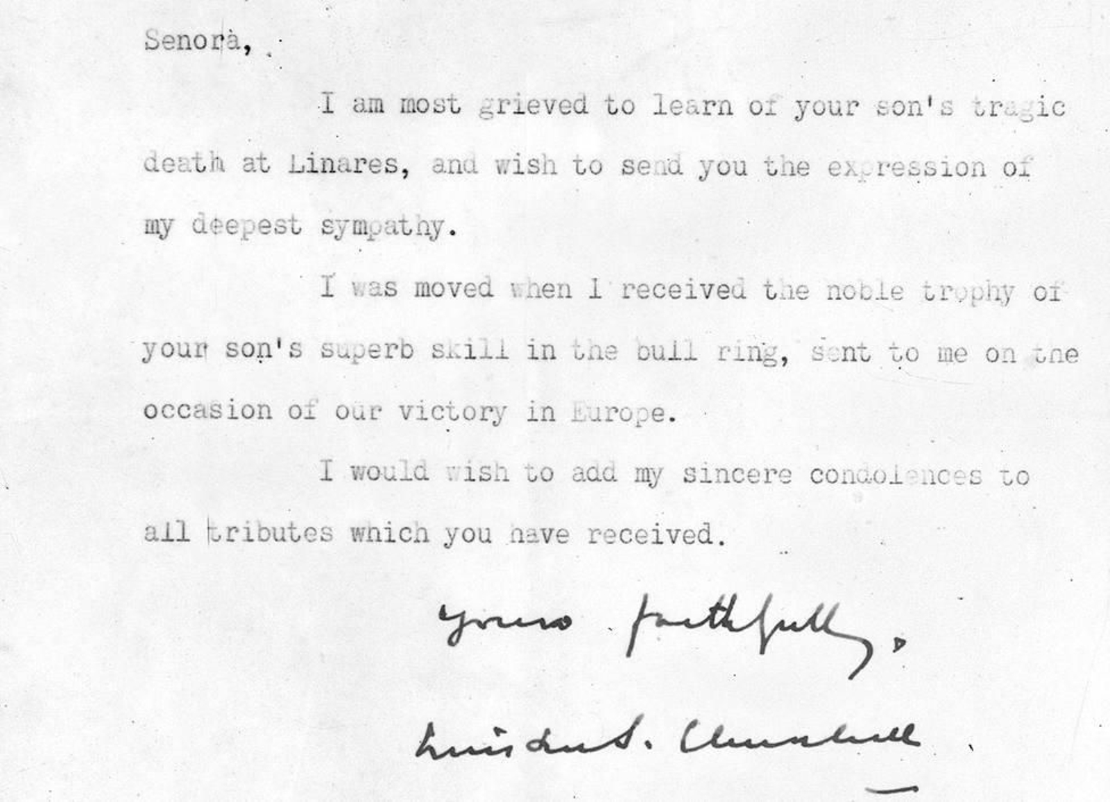 Carta de condolencia enviada por Winston Churchill a Angustias Sánchez, madre de Manolete.