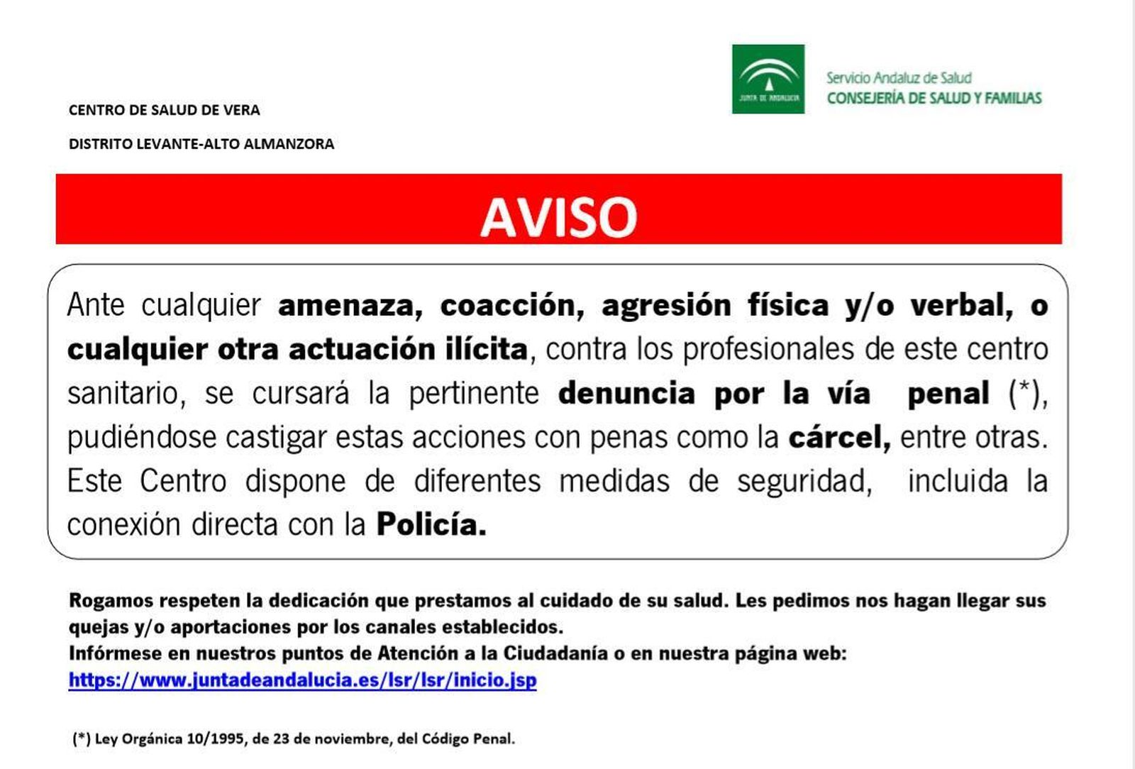 Uno de los carteles presentes en los centros de salud de Andalucía