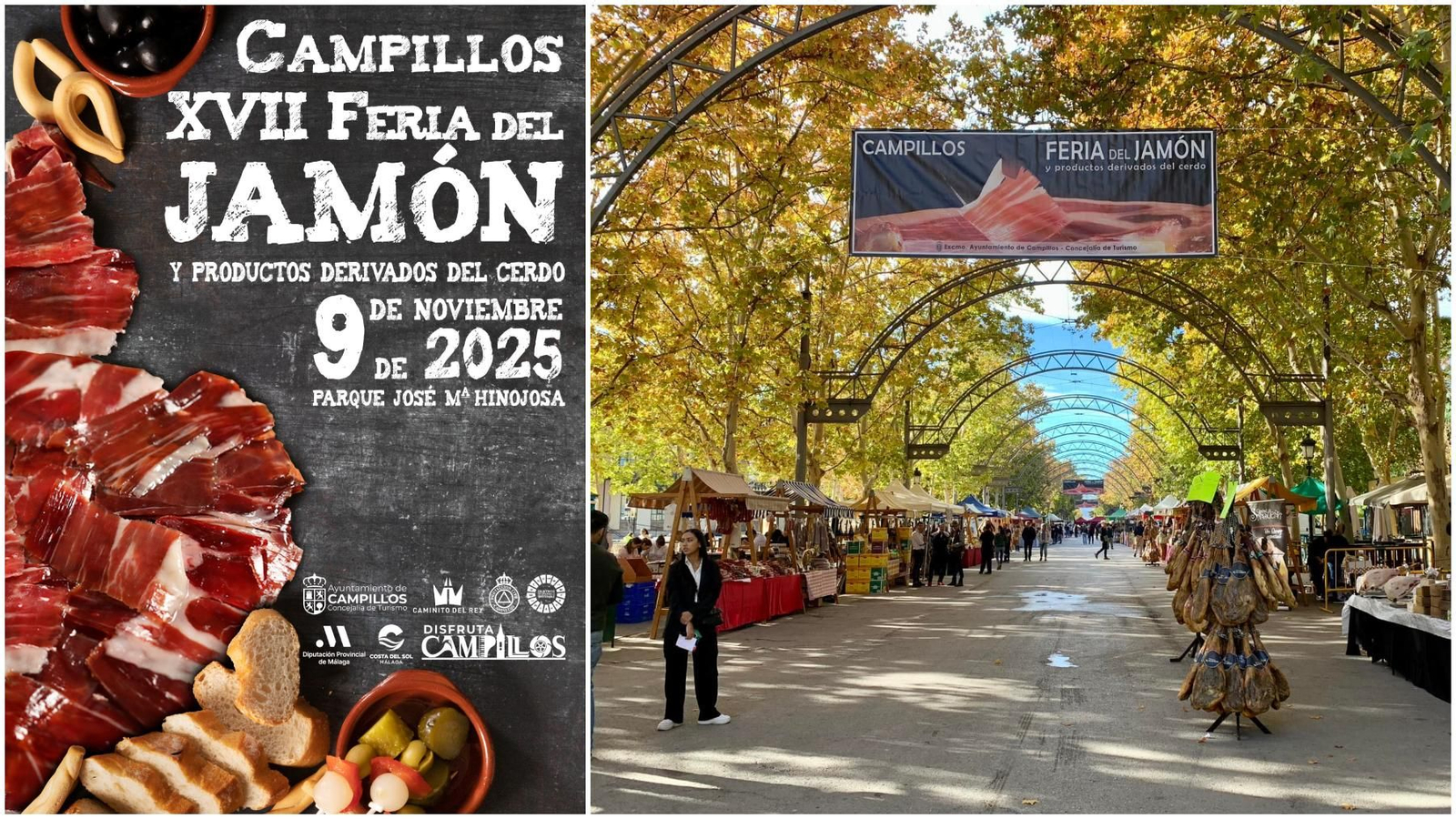 El cartel de la Feria del Jamón de Campillos y una edición anterior.
