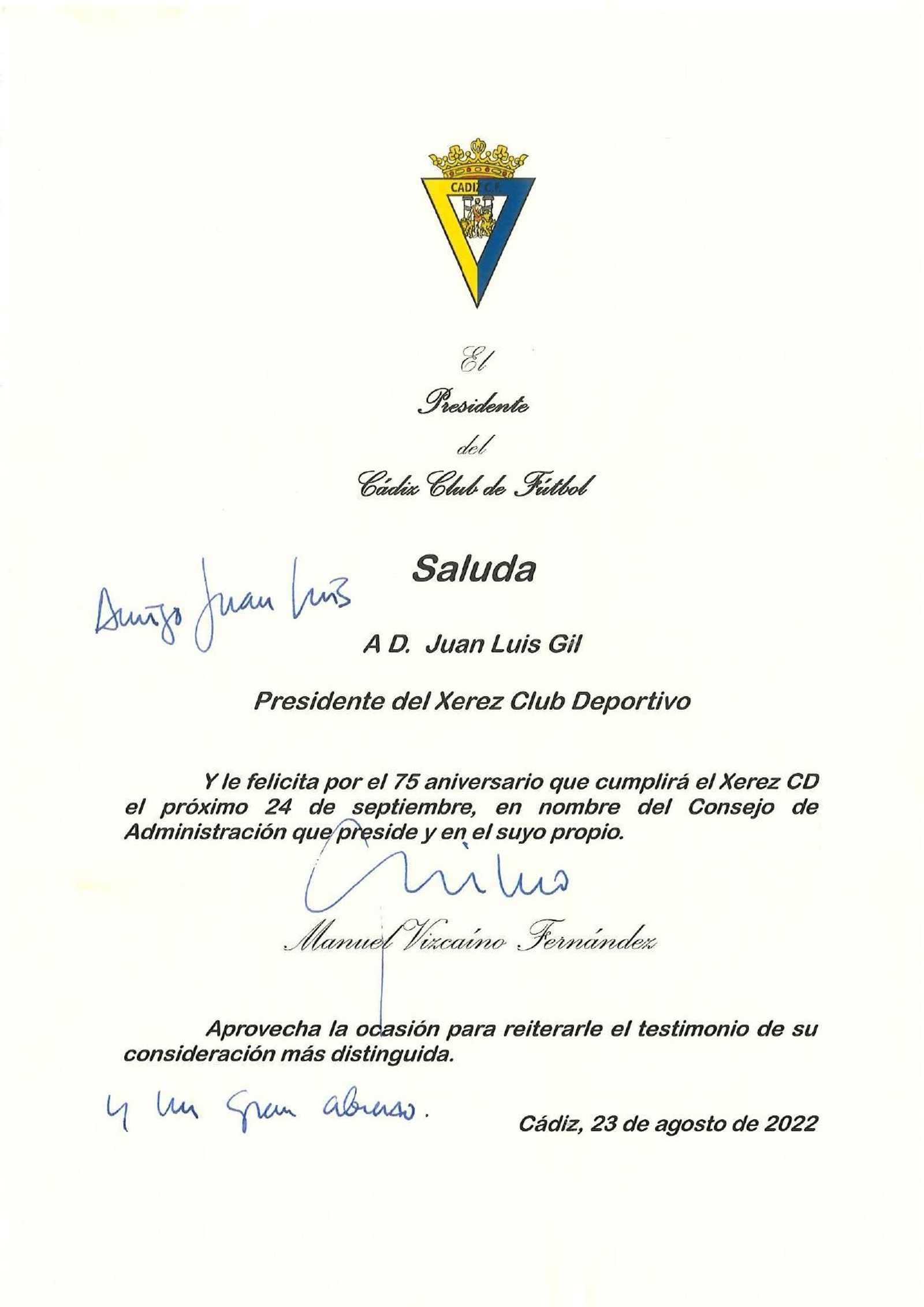 El Cádiz es uno de los primeros clubes que ha felicitado al Xerez CD por sus 75 años de historia.