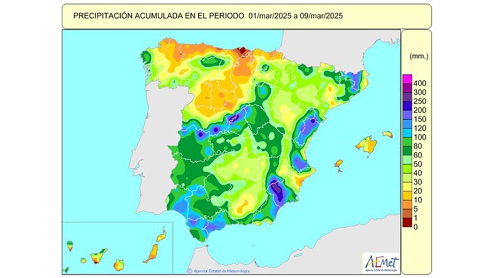 Mapa de la lluvia acumulada (mm) en los nueve primeros días de marzo.