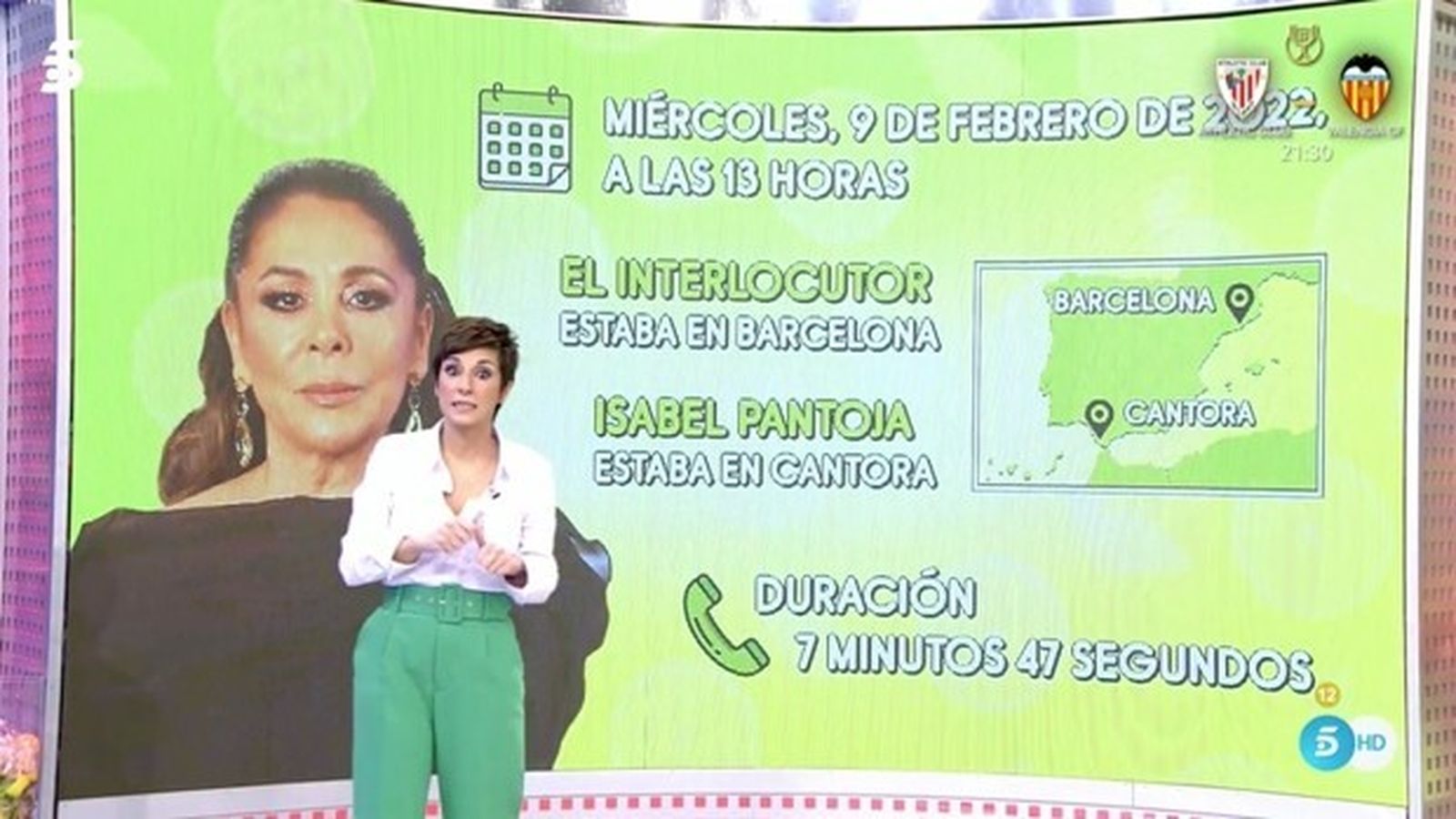 Momento en que Adela González, en 'Sálvame', presenta la entrevista telefónica con la tonadillera.