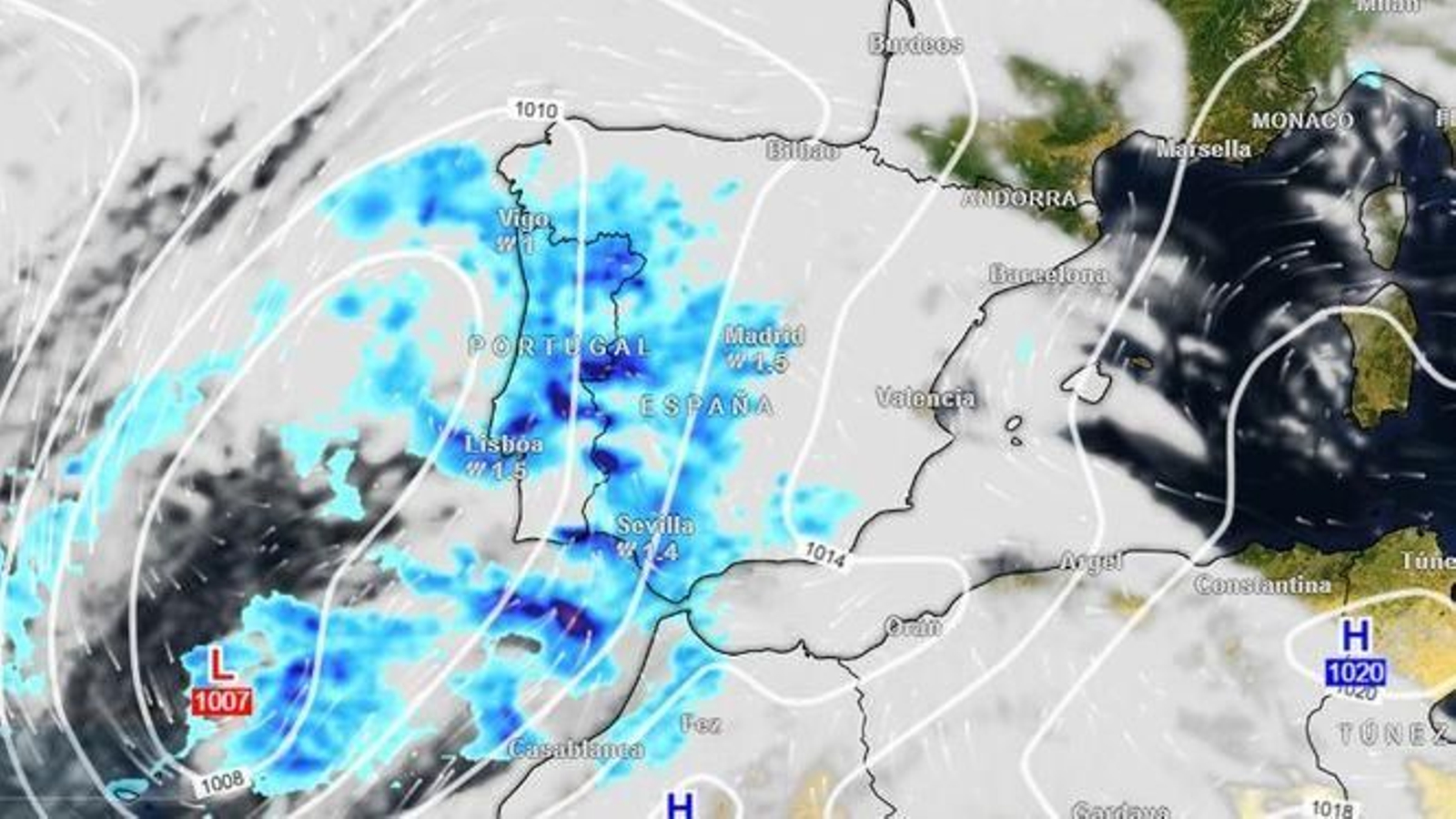 Mapa de Meteored con la llegada de la primera borrasca según el modelo europeo para el martes.