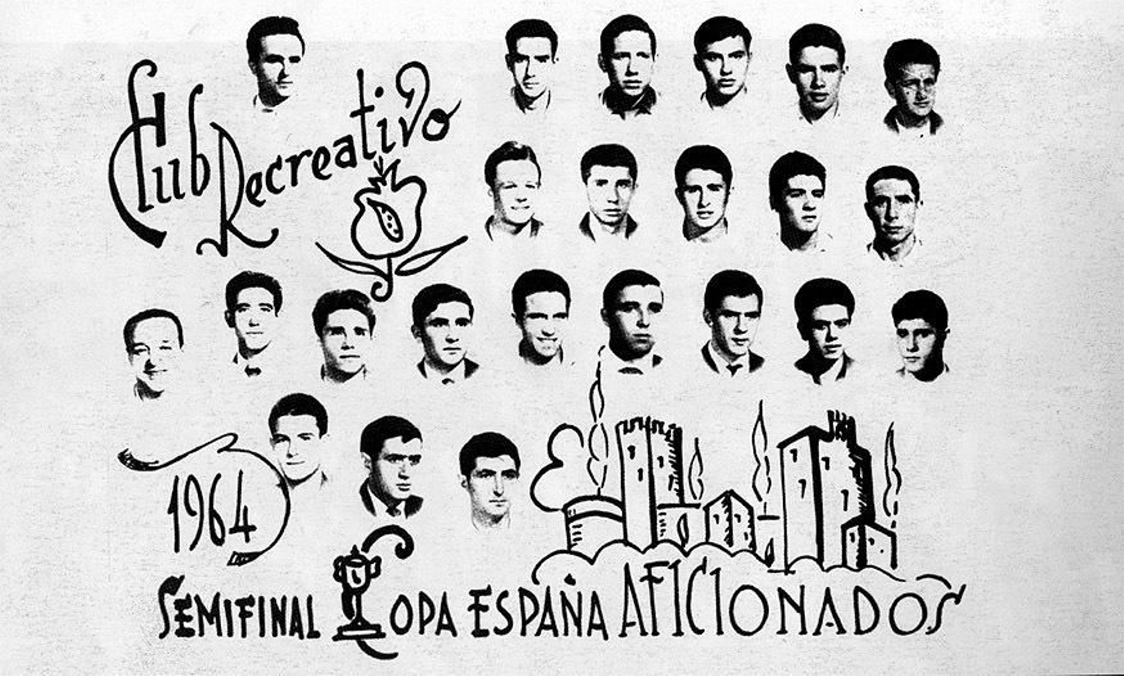 Orla de los hombres que llevaron al Recreativo a la semifinal de la Copa de España de Aficionados en 1964.