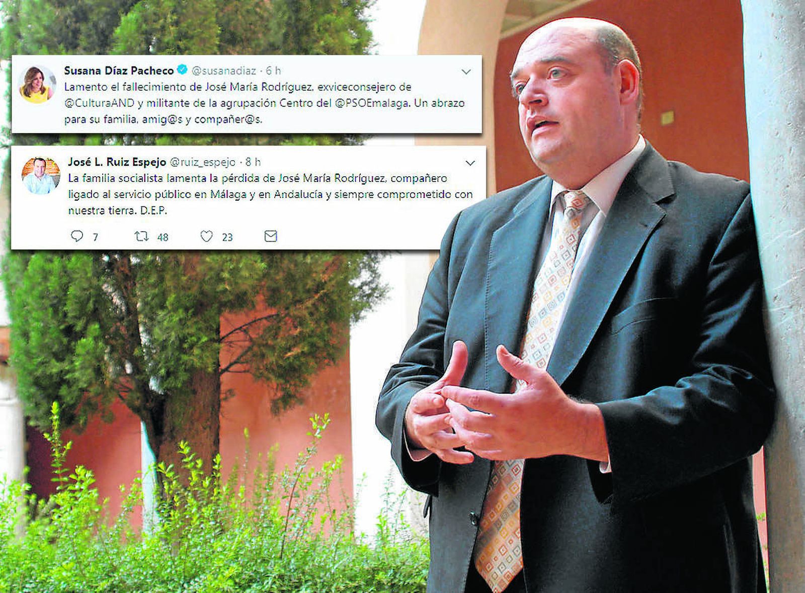 José María Rodríguez en una imagen de archivo y dos mensajes de Susana Díaz y José Luis Ruiz Espejo en Twitter.