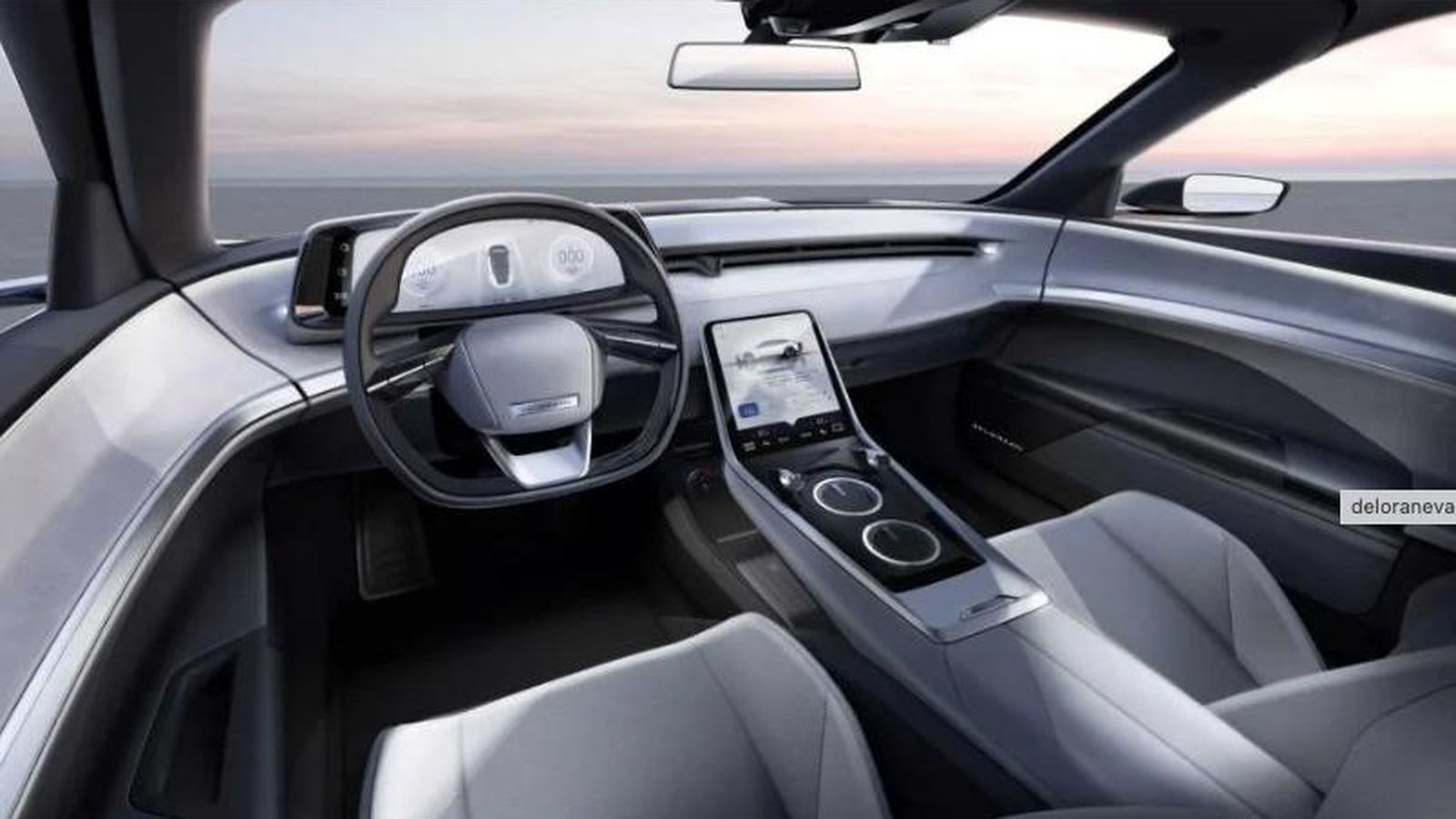 Doble pantalla para el interior del nuevo DMC. Una grande para el conductor, tras el volante; y otra para el sistema de infoentretenimiento y control, presumimos, de funciones de confort como la climatización entre los dos asientos.