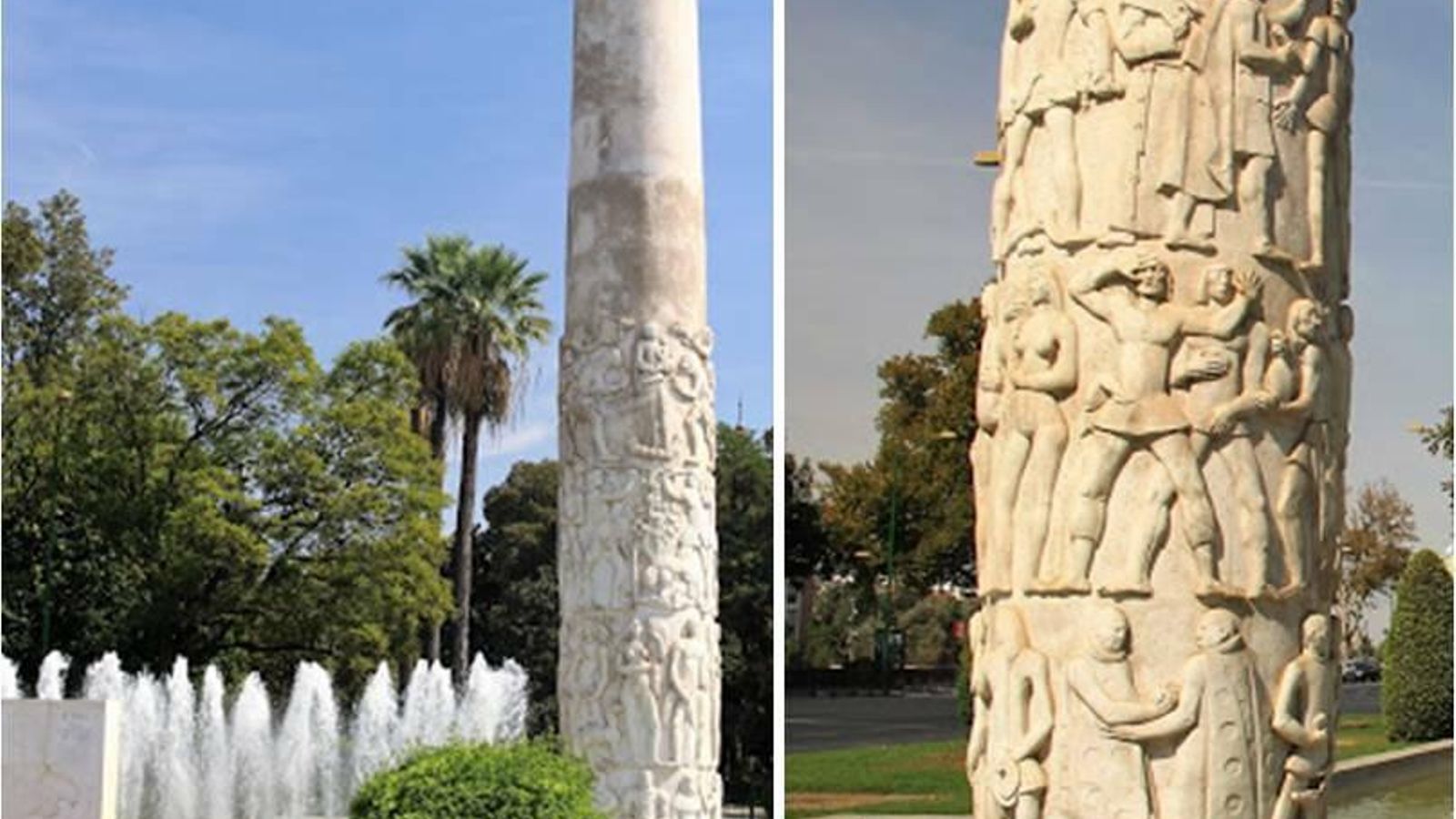 Cano Correa. Columna y detalle del monumento a Elcano. Sevilla.