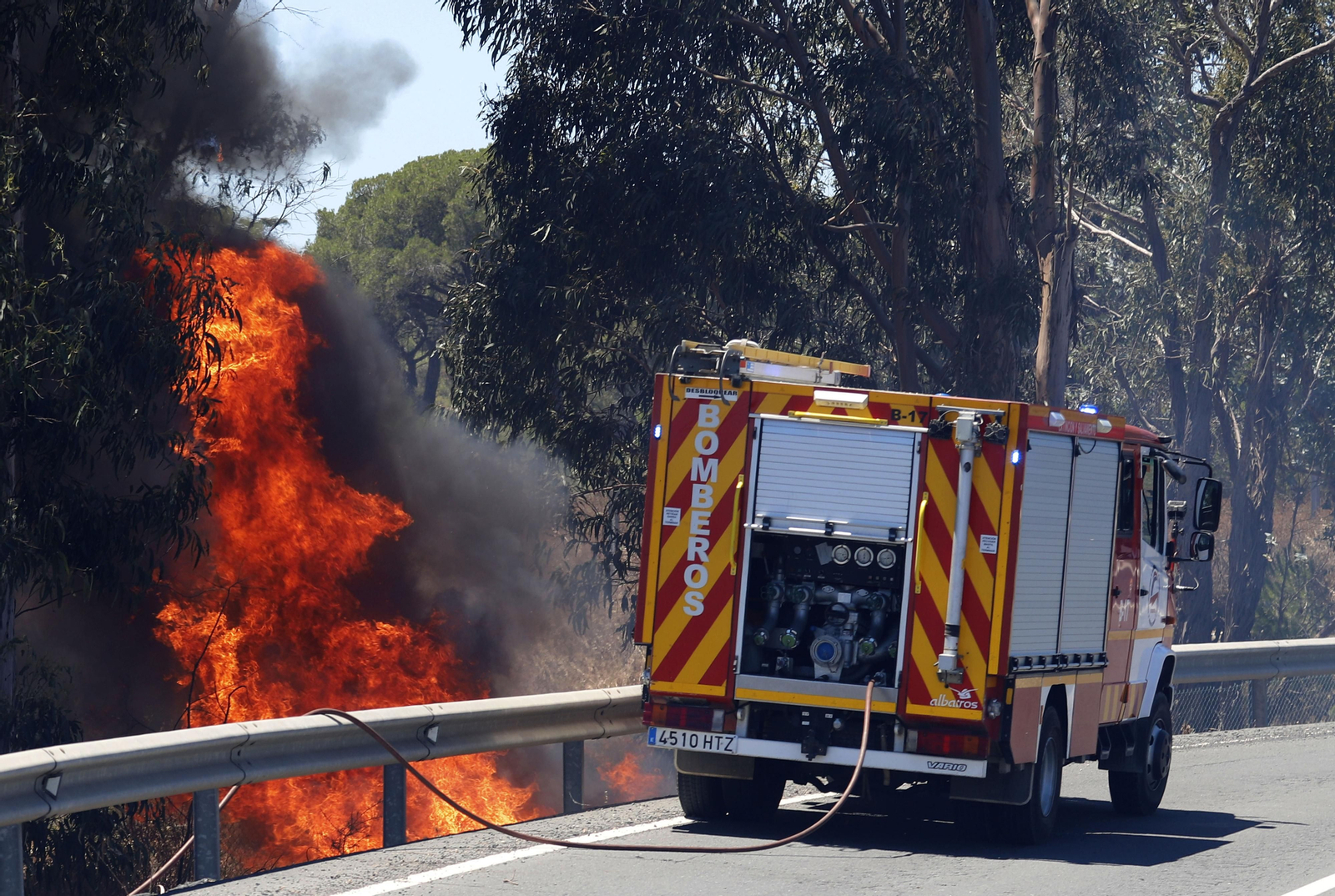 Imágenes del espectacular incendio entre en el paraje de la raya de Aljaraque y Marismas del Odiel