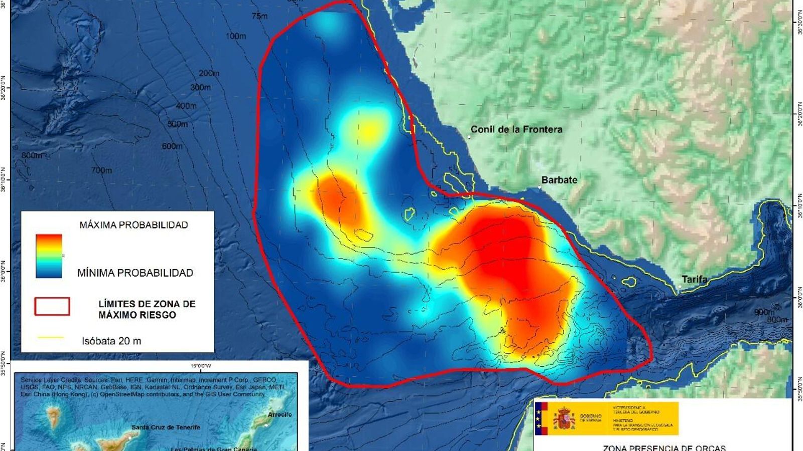 Mapa sobre la presencia de orcas del Miteco, a fecha del 26 de julio.