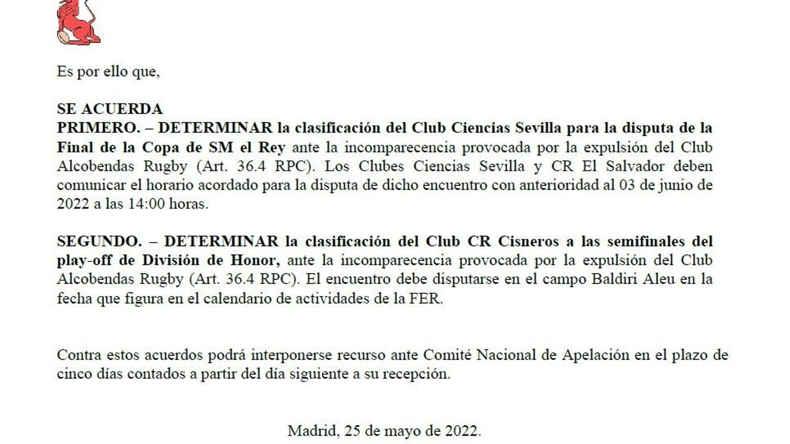 Resolución del Comité Nacional de Disciplina Deportiva.