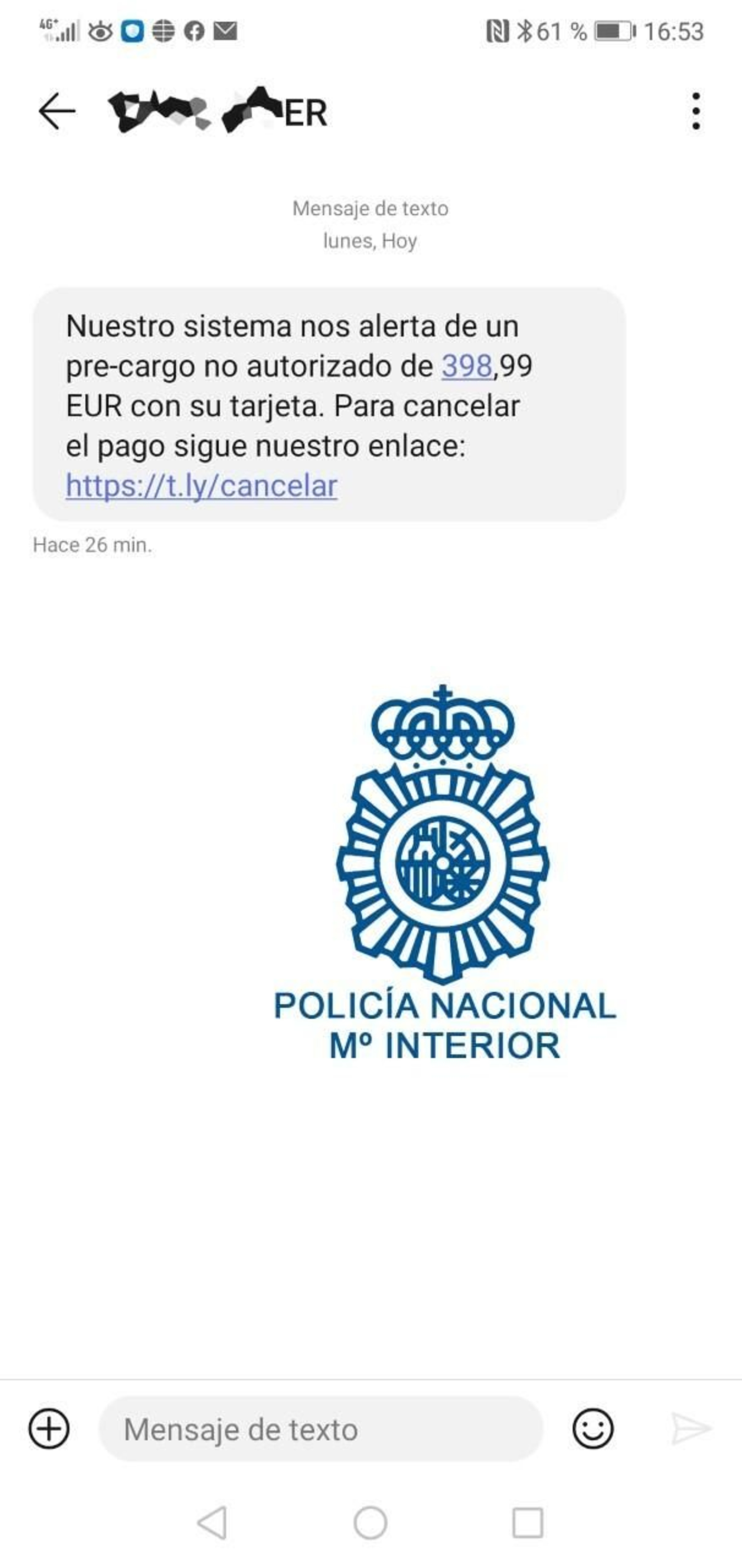 Mensaje falso sobre el que alerta la Policía Nacional.