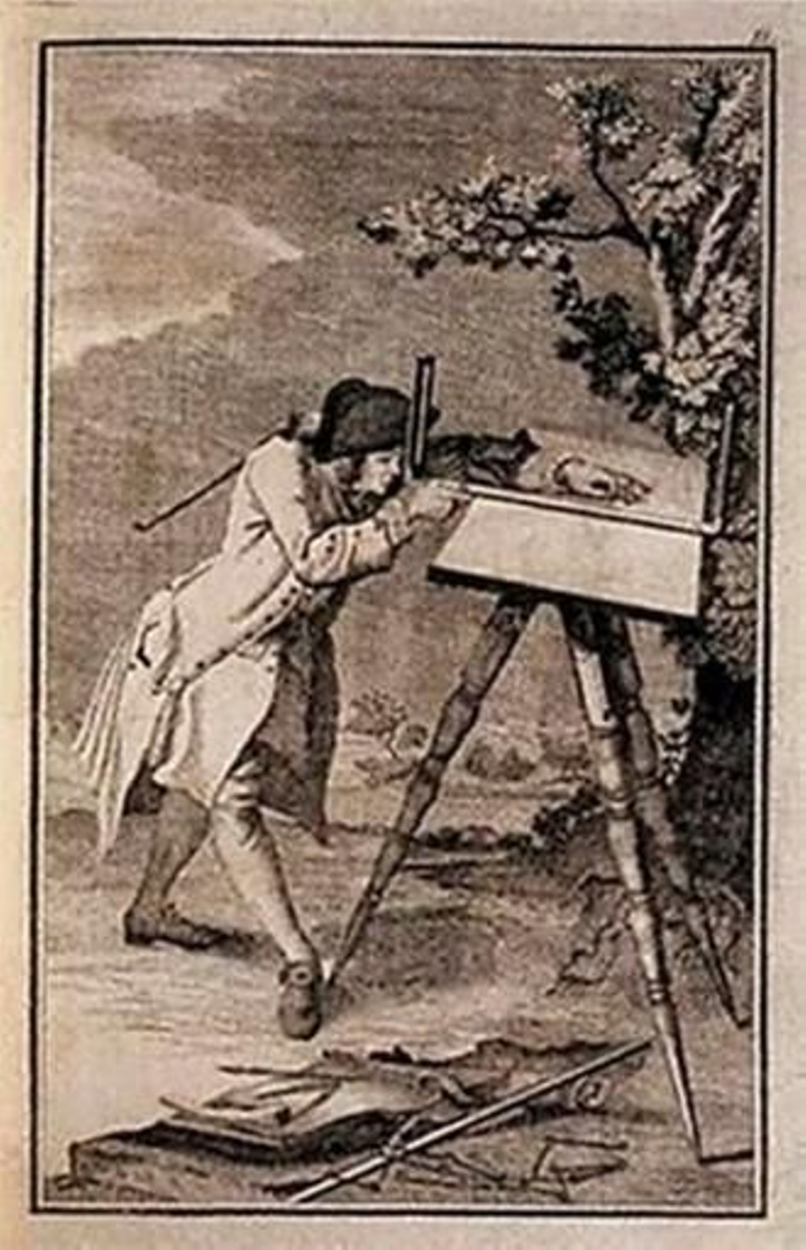 Ingeniero del siglo XVIII utilizando una alidada de pínulas sobre plancheta provista de trípode.