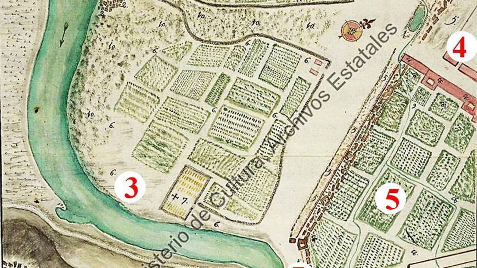 Plano de 1738: 1) Puerta de Tarifa, más tarde Hospital de la Caridad. 2) Ruinas del puente antiguo, luego “del matadero”. 3) Cementerio del Hospital Militar (el de la manzana de los cuarteles). 4) Calle Tarifa, con las casas de López. 5) Huertas de López, con las matríches de su sistema de riego, alimentado por una acequia que venía del rio de la Miel atravesando las murallas. 6) Camino al puente derruido entre las dos villas, actual calle Duque de Almodóvar.