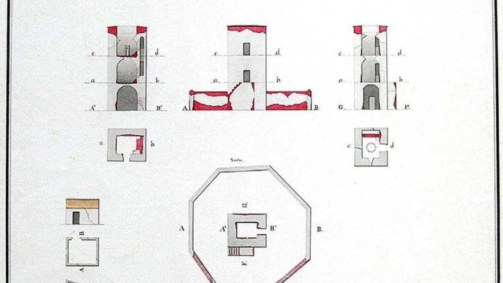 Plano de perfiles y elevaciones de la torre de Adalides a preparar para depósito de pólvora.