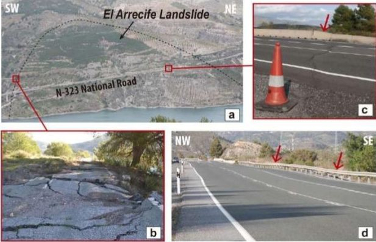 Deslizamiento de El Arrecife (a), desperfectos en el antiguo trazado de la N-323 (b), grieta en el actual trazado (c), ondulación de la carretera y las barreras quitamiedos (d)