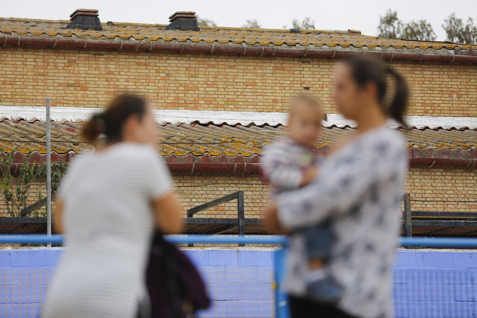 Miembros del AMPA observan los tejados de amianto del colegio José Calderón.