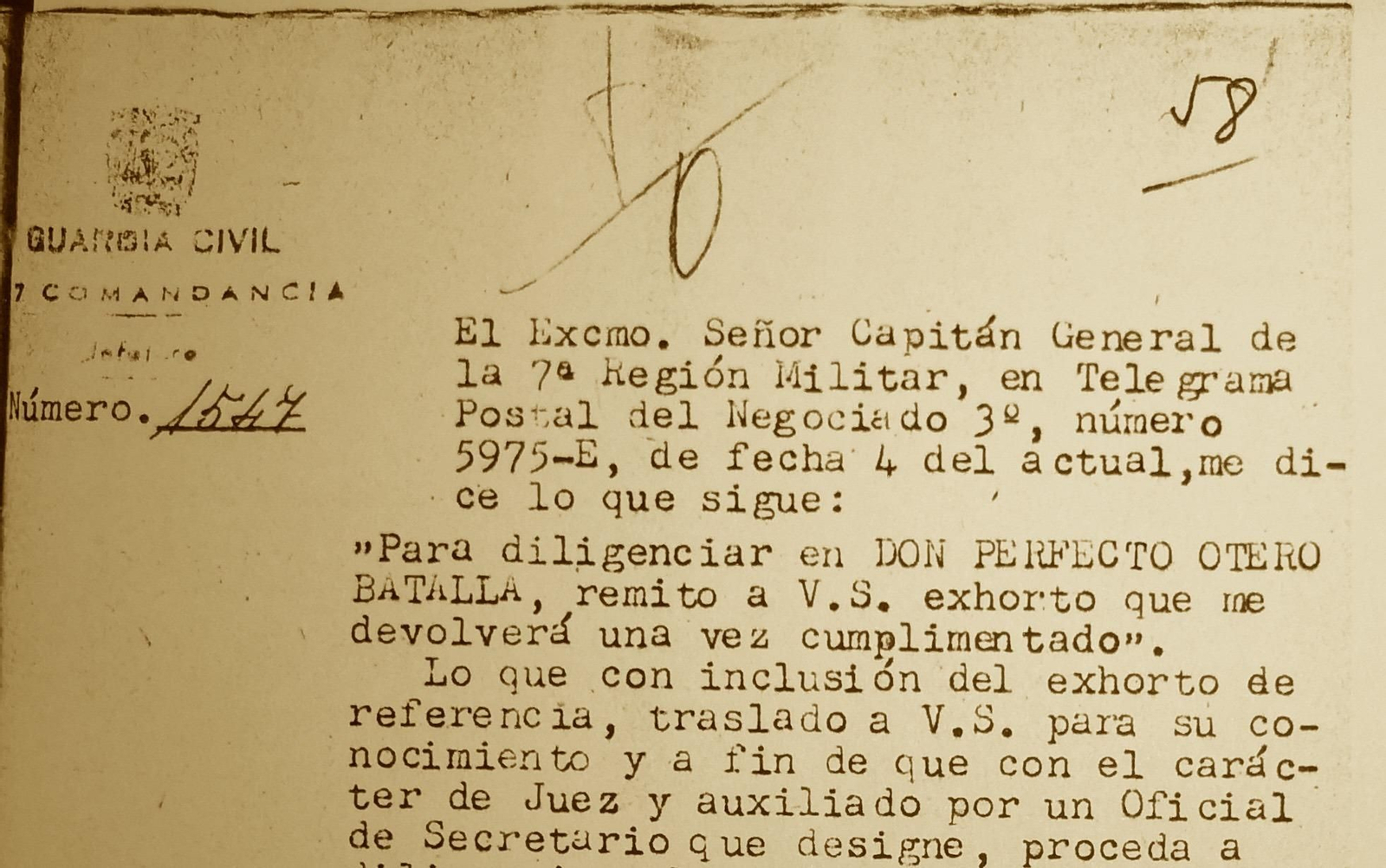 Oficio de la 107 ªComandancia de la Guardia Civil de Zamora relativa a la causa 47/1938 de Algeciras por rebelión militar.