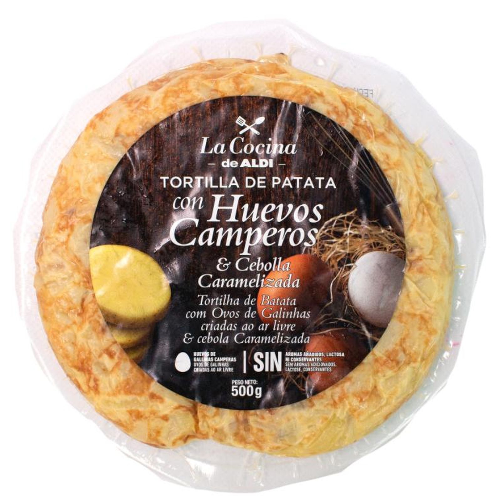 Tortilla con cebolla caramelizada y huevos camperos de Aldi