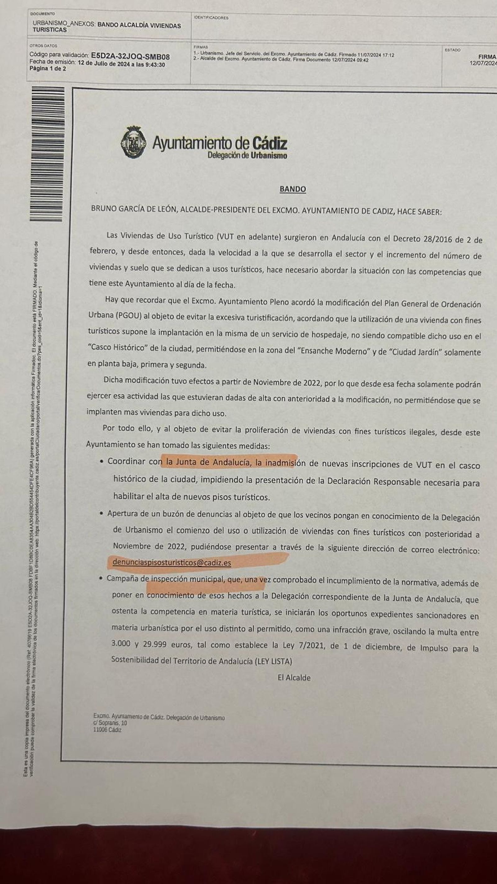 Escrito del Bando Municipal sobre las viviendas turísticas Escrito del Bando Municipal sobre las viviendas turísticas
