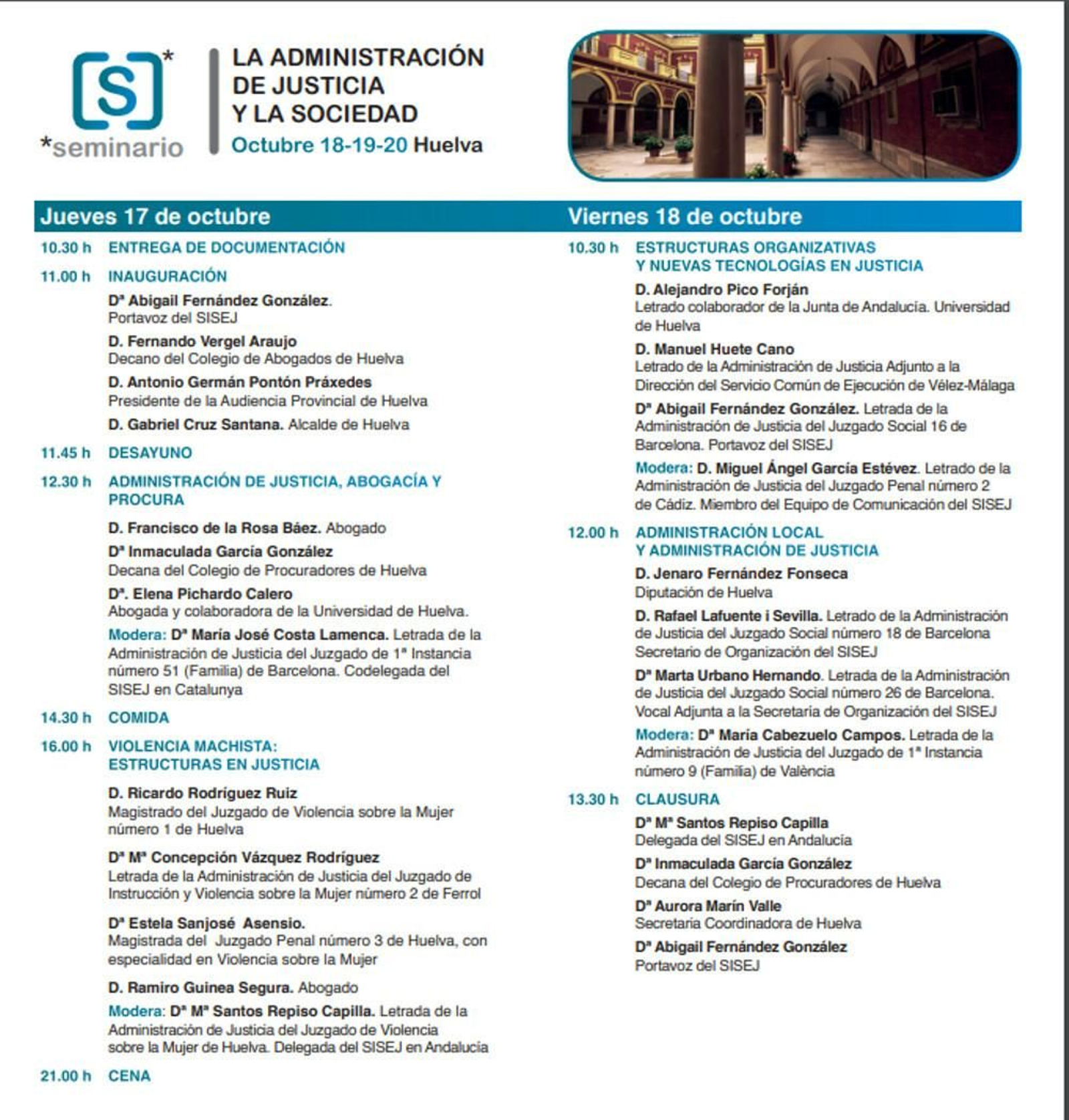 Programa del seminario 'La Administración de Justicia y la sociedad', organizado por Sisej.