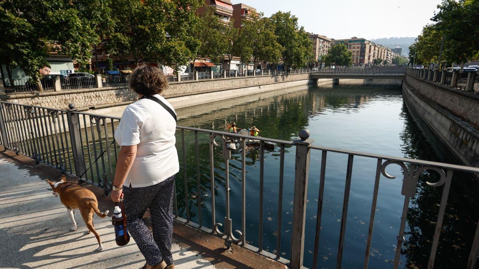 Una mujer paseando al perro por uno de los puentes que cruza el Genil