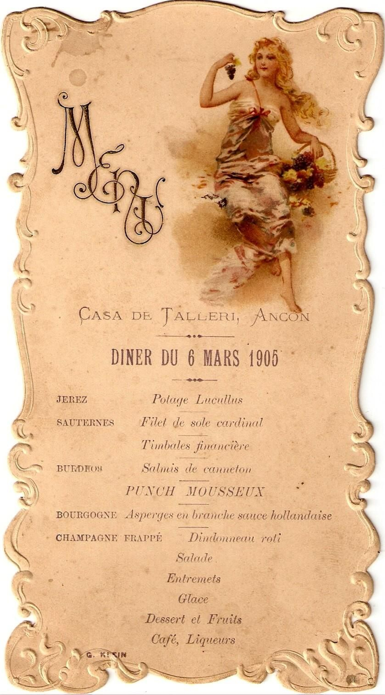Jerez en el menú del restaurante Talleri, Lima, 1905.