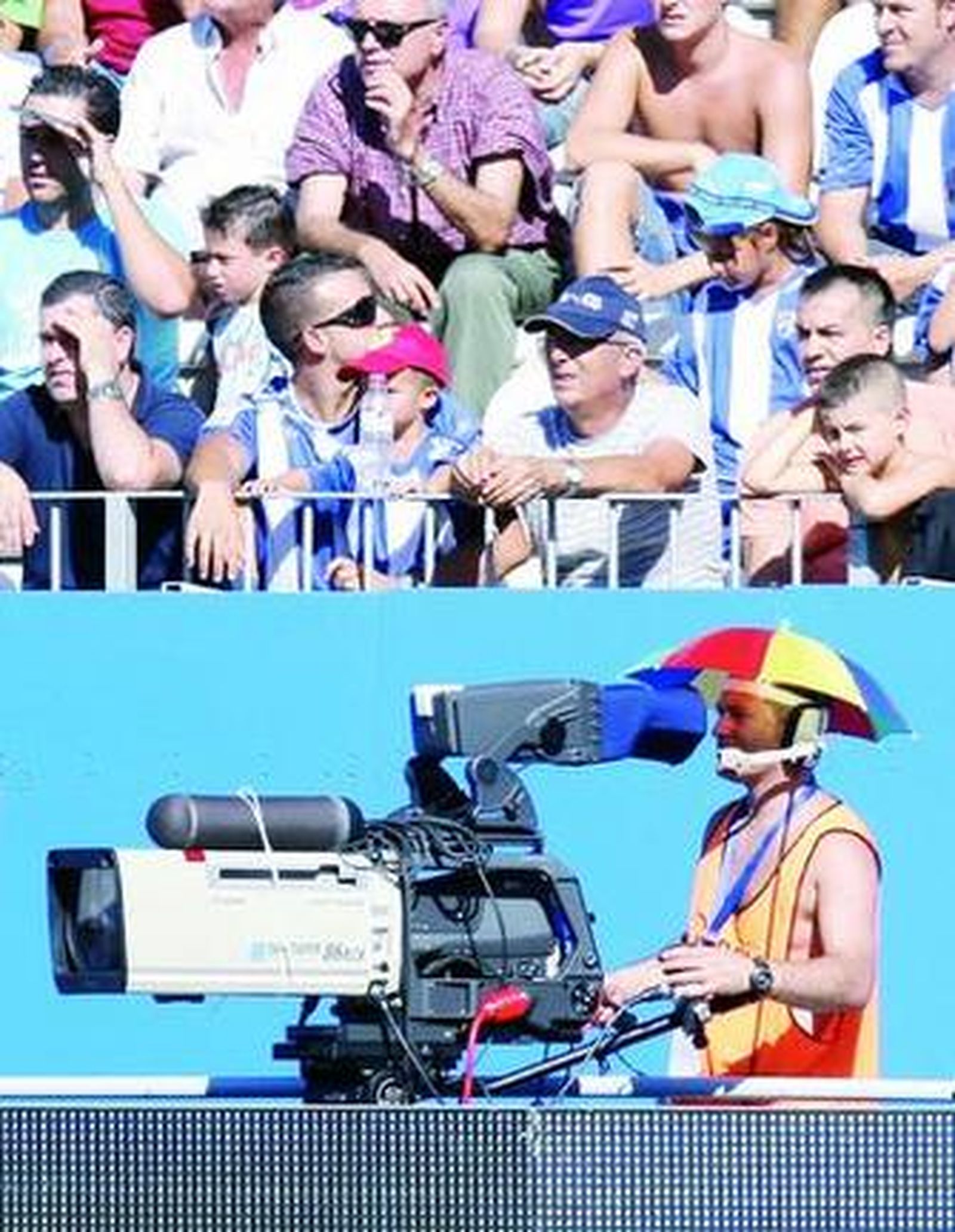 Un operador de cámara graba sobre el césped de La Rosaleda.