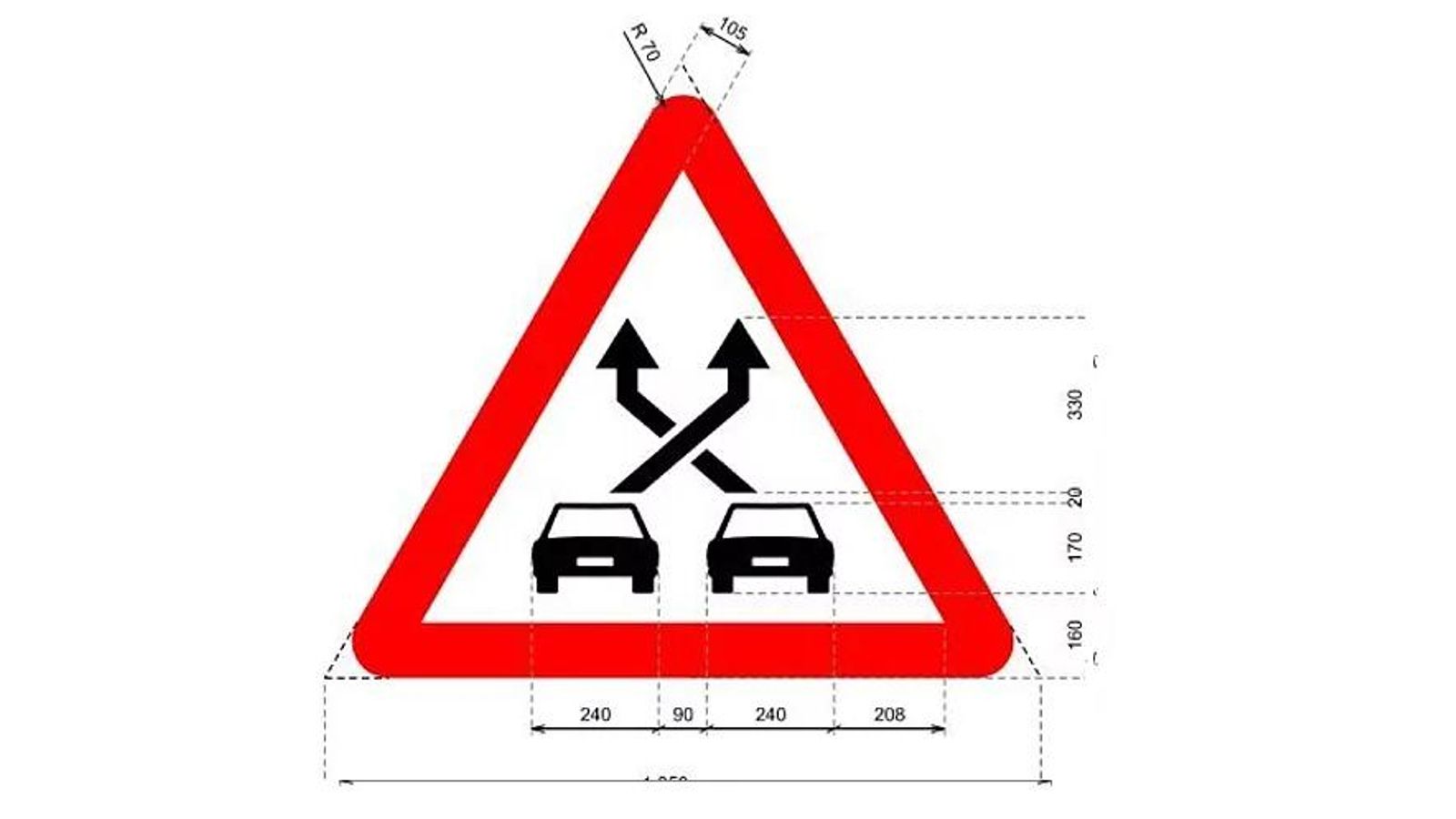 Peligro por la cercanía de un tramo comprendido entre una confluencia y una bifurcación donde se producen distintos movimientos de cambio de carril . SEÑAL P-35.