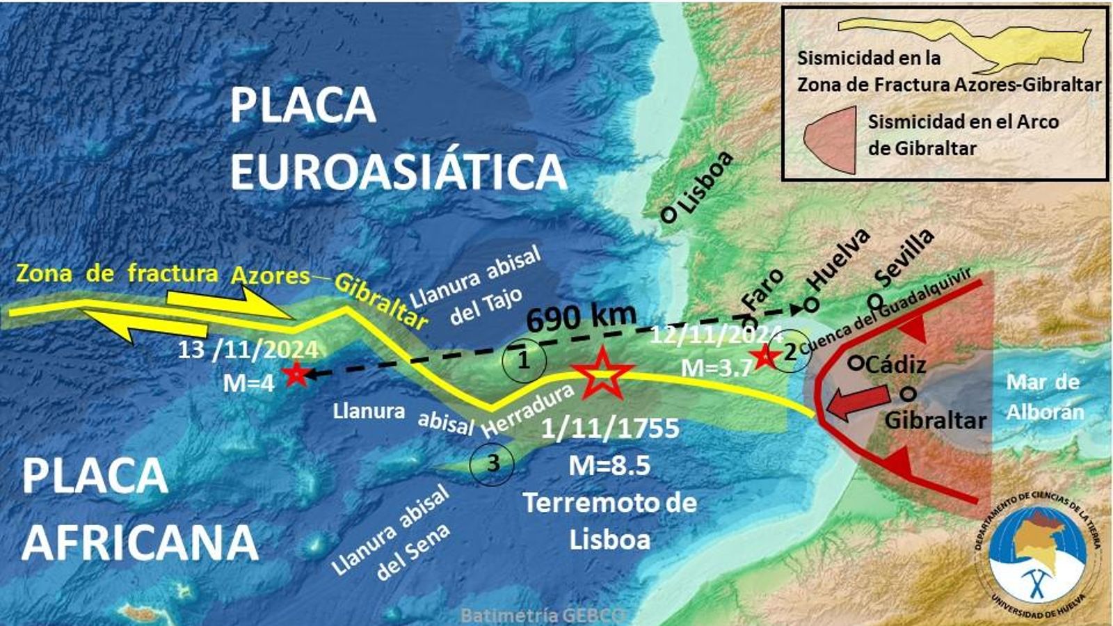 Esquema tectónico de la terminación occidental de la zona de fractura Azores-Gibraltar.