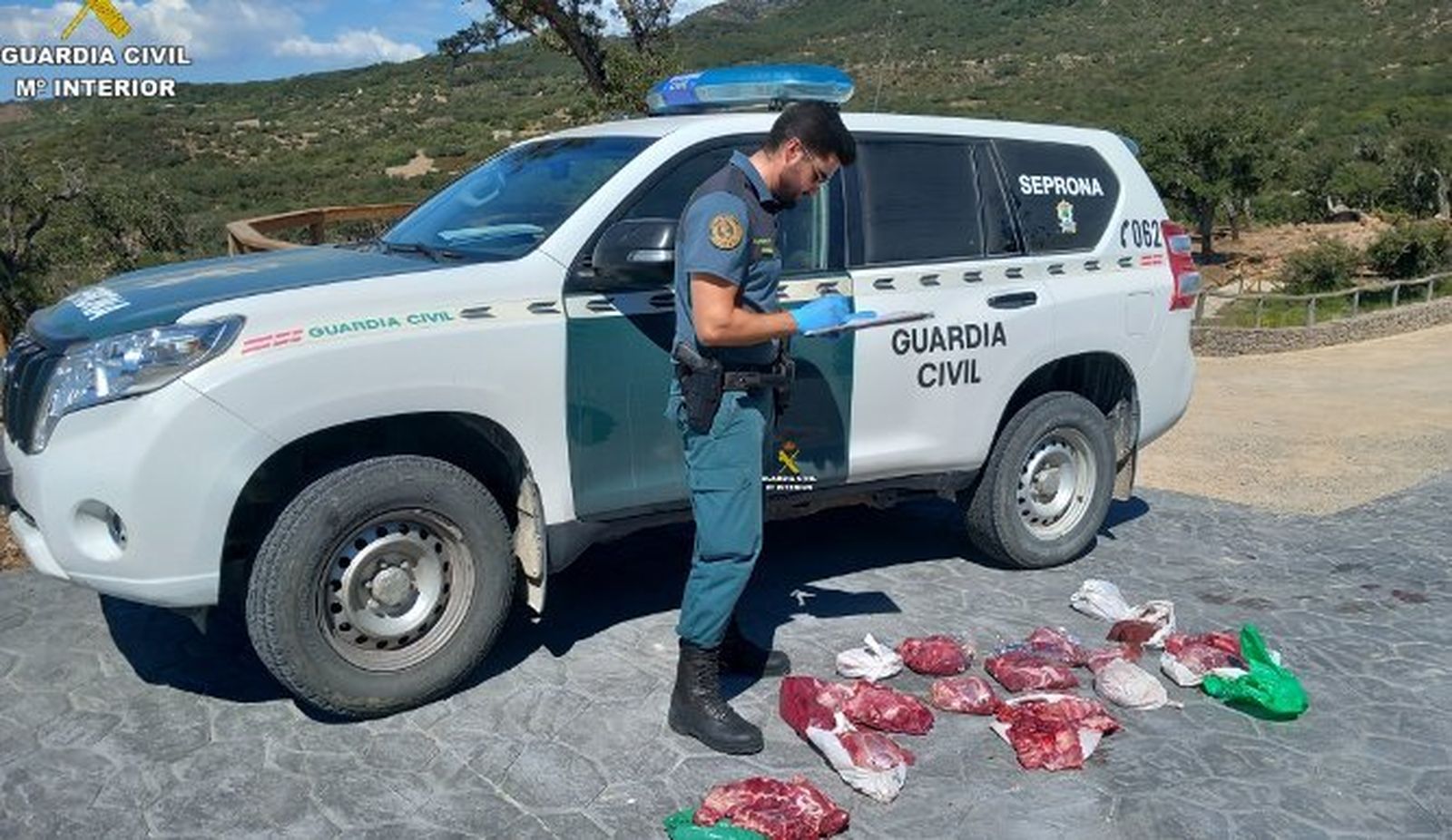 Un agente de la Guardia Civil hace recuento de las bolsas de carne.