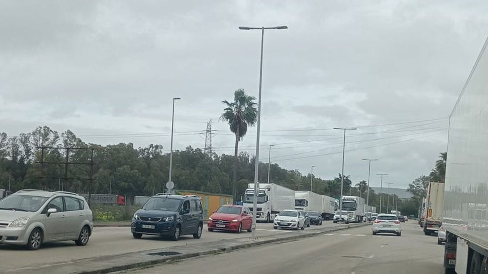 Vehículos circulando por un solo carril en la Avenida de los Empresarios de Palmones, con los camiones aparcados en ambos lados