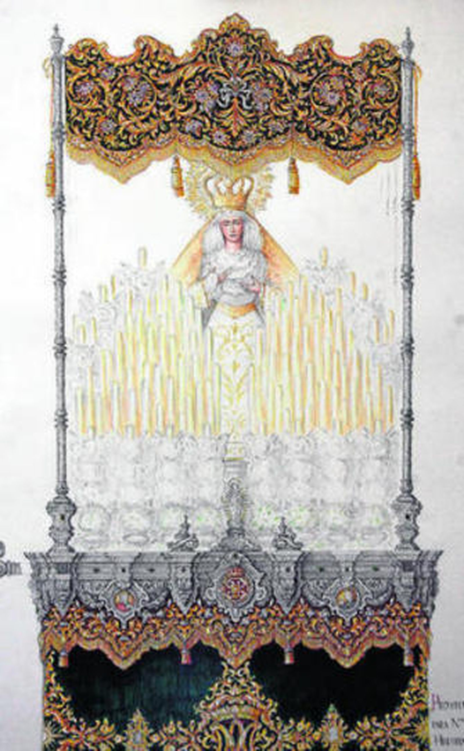 El hermano mayor de Pasión, Rafael Caballero, señala el dibujo del futuro palio junto a Rafael Acevedo.